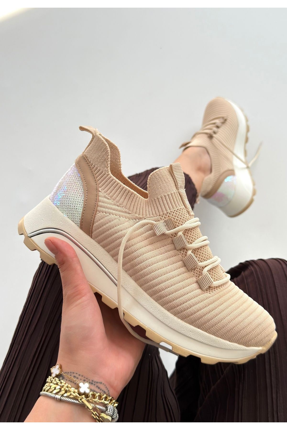 Feort Bej Triko Bağcıklı Spor Ayakkabı