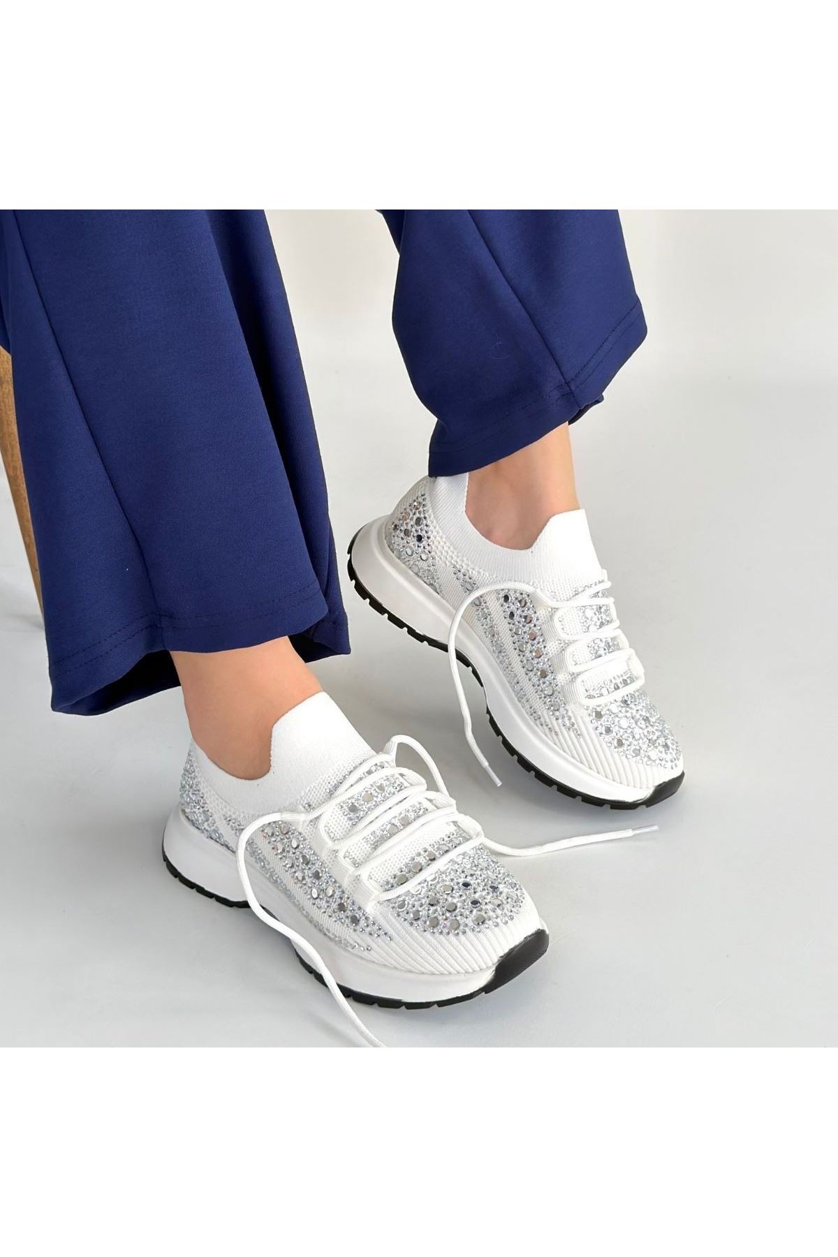 Ceas Beyaz Triko Bağcıklı Spor Ayakkabı