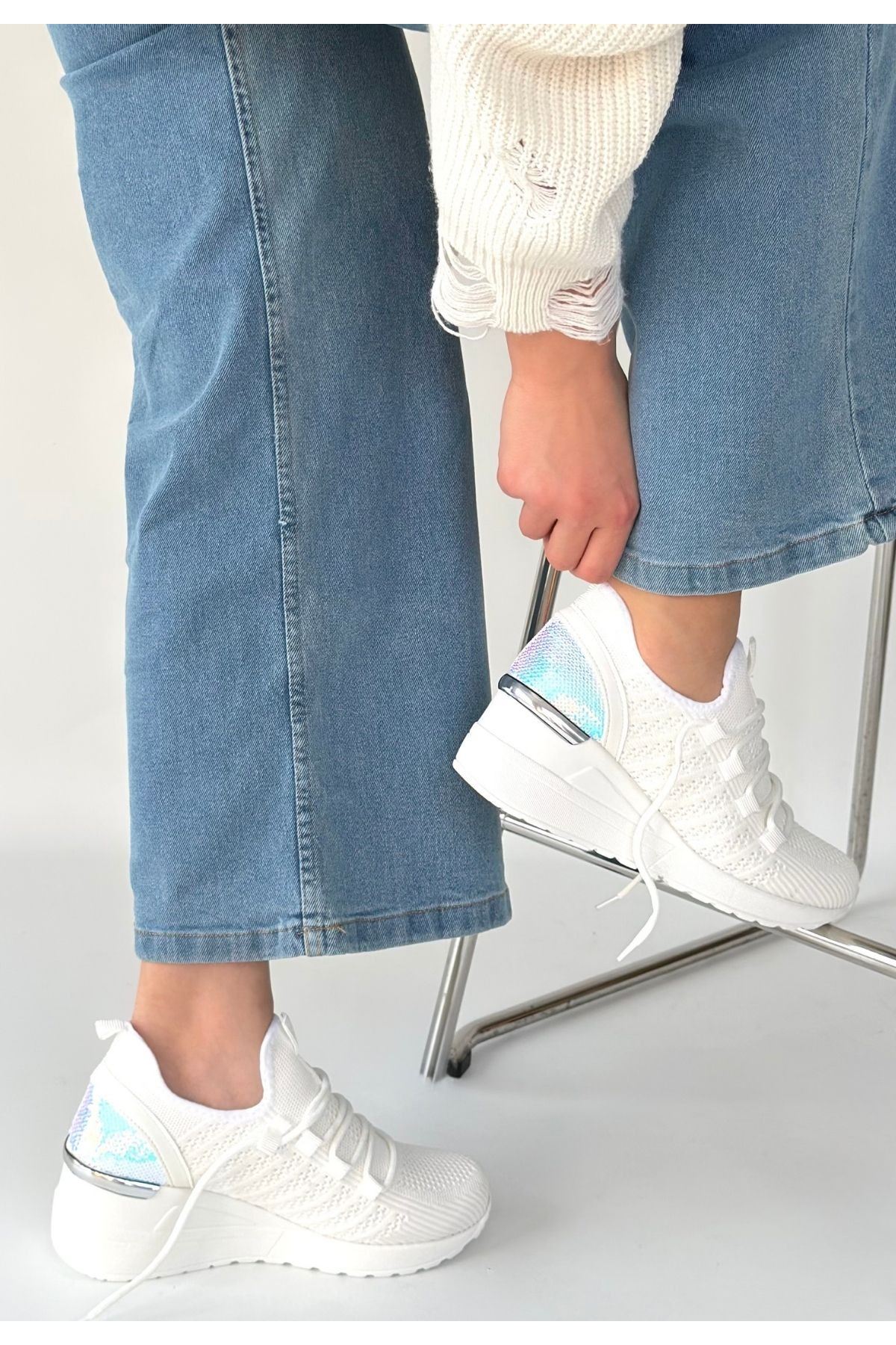 Weor Beyaz Triko Bağcıklı Spor Ayakkabı