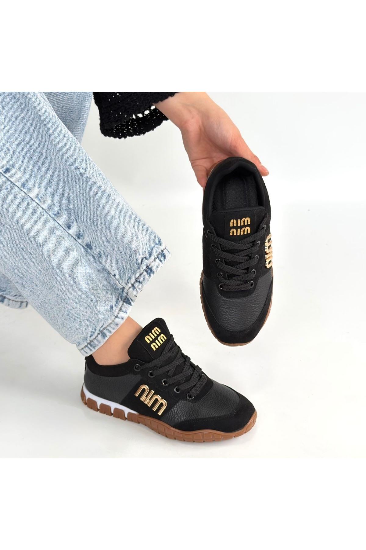 Marje Siyah Cilt Bağcıklı Spor Ayakkabı