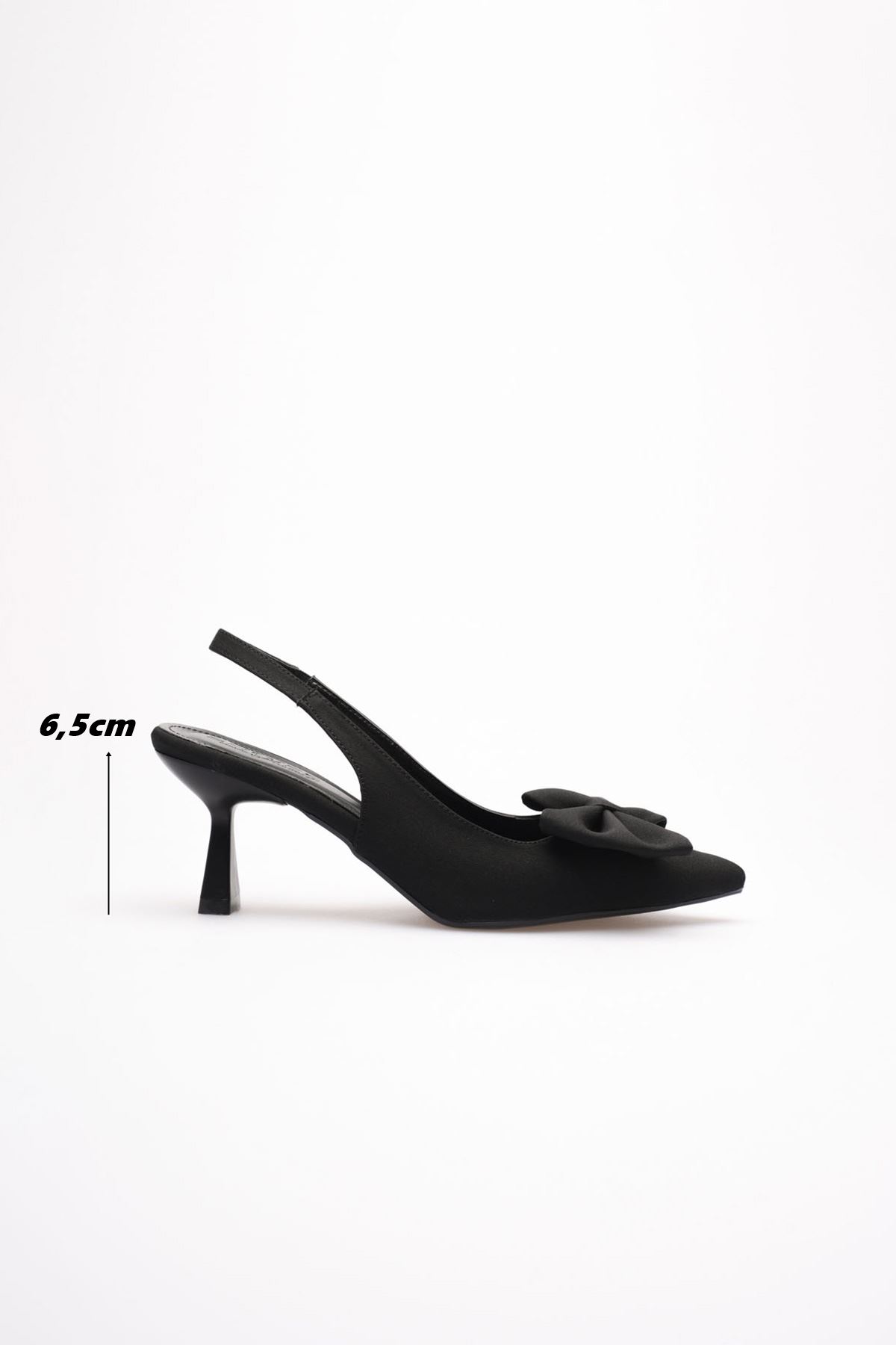 Siyah Fiyonklu Kitten Topuklu Slingback Kadın Ayakkabı EATR08MS24A