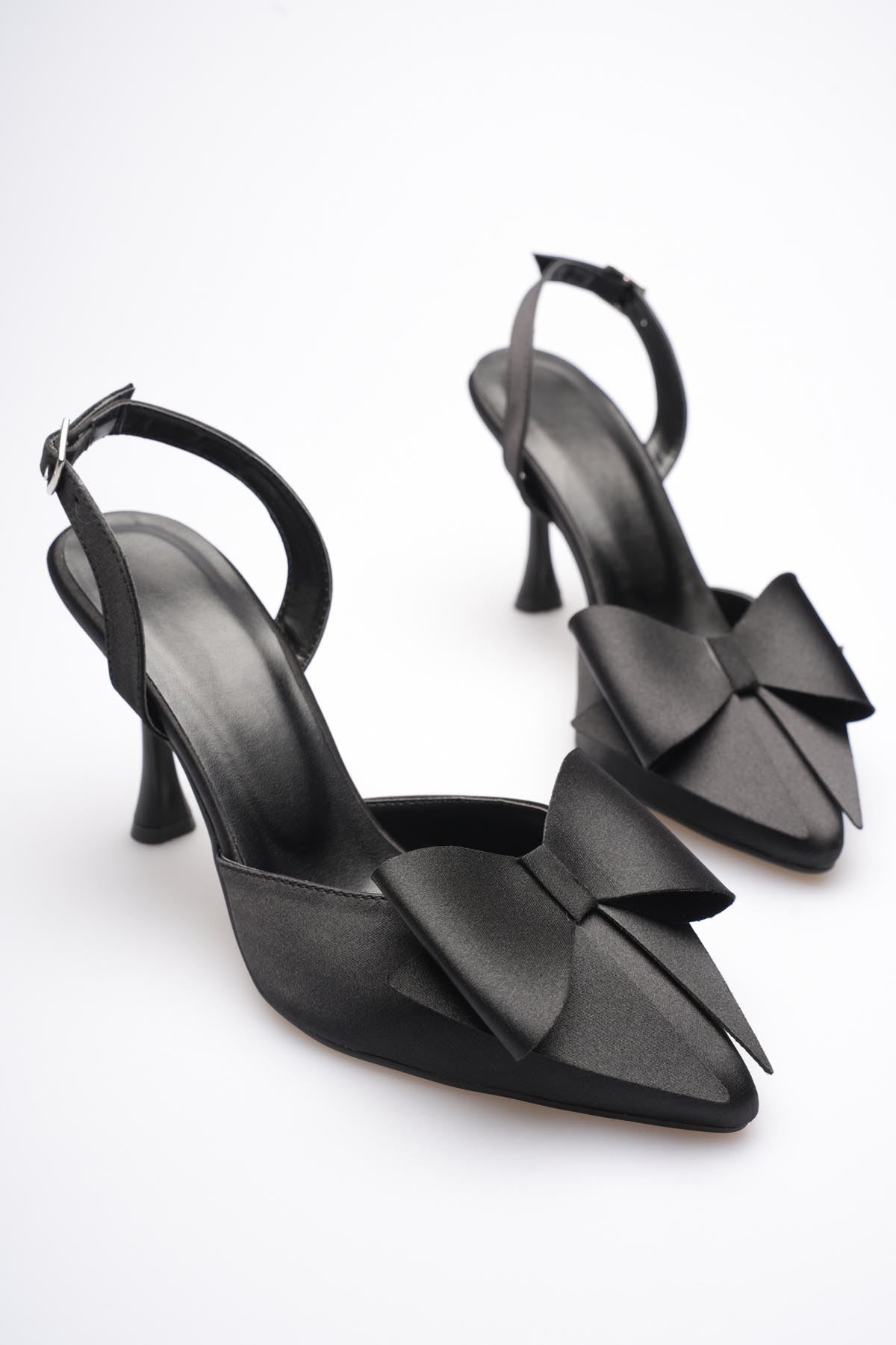 Kadın Siyah Fiyonklu Saten Slingback Topuklu Ayakkabı EATR40MS01A