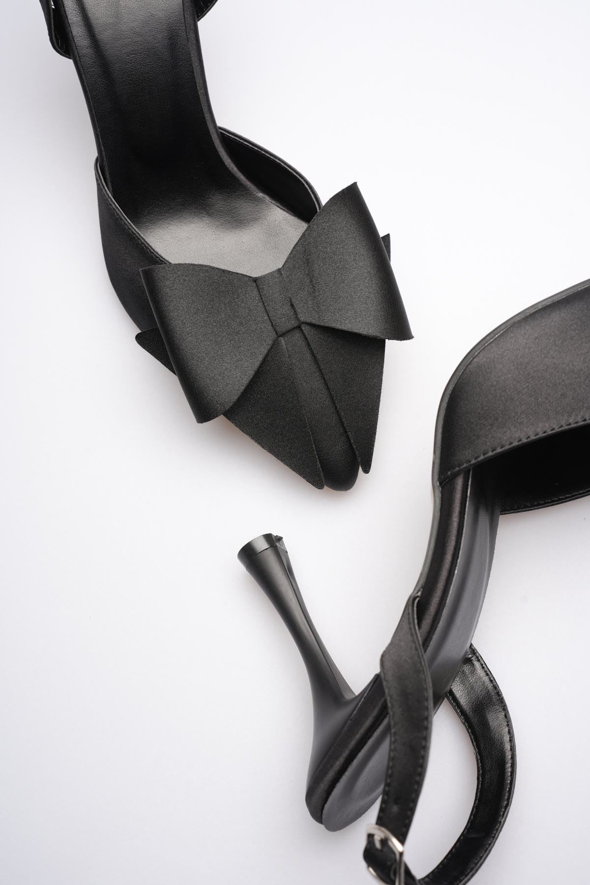 Kadın Siyah Fiyonklu Saten Slingback Topuklu Ayakkabı EATR40MS01A