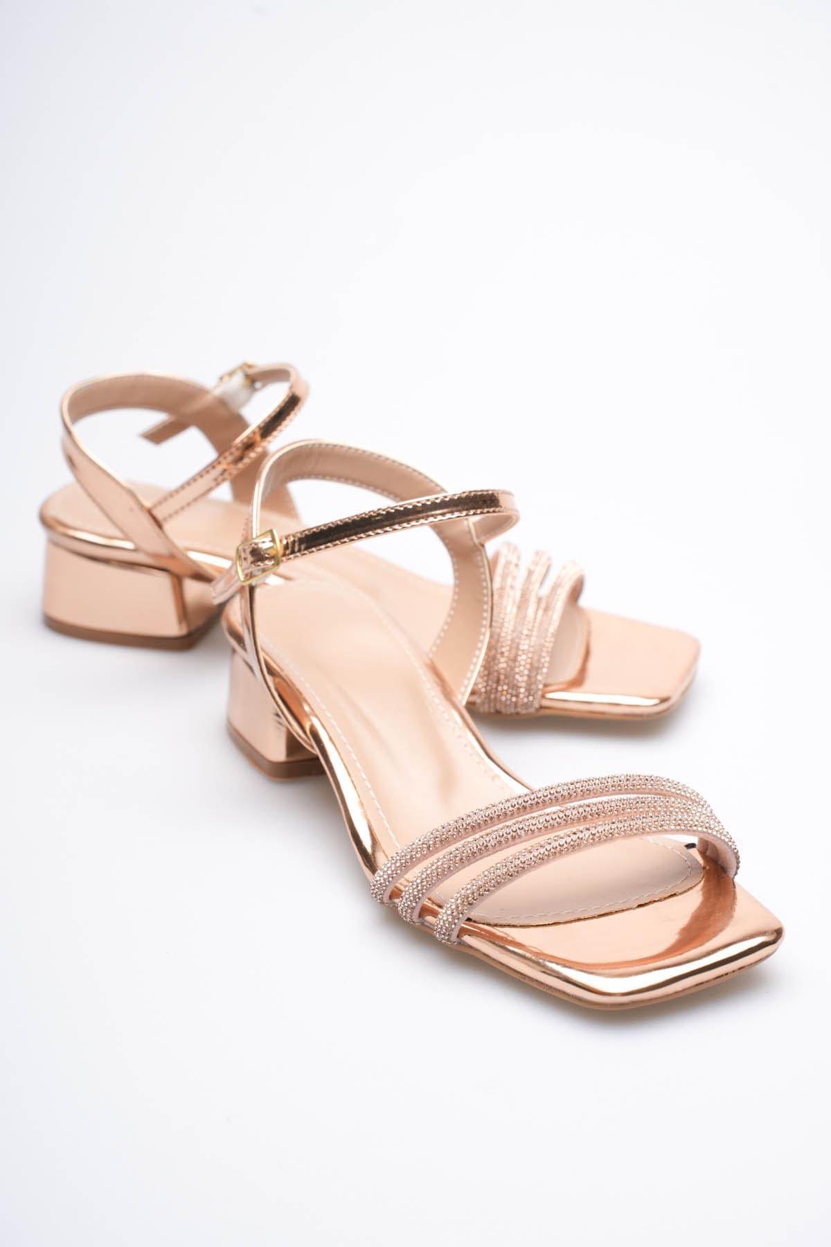 Kadın Rose Gold Taş Detaylı Kalın Topuklu Şık Sandalet EATR20MY26F