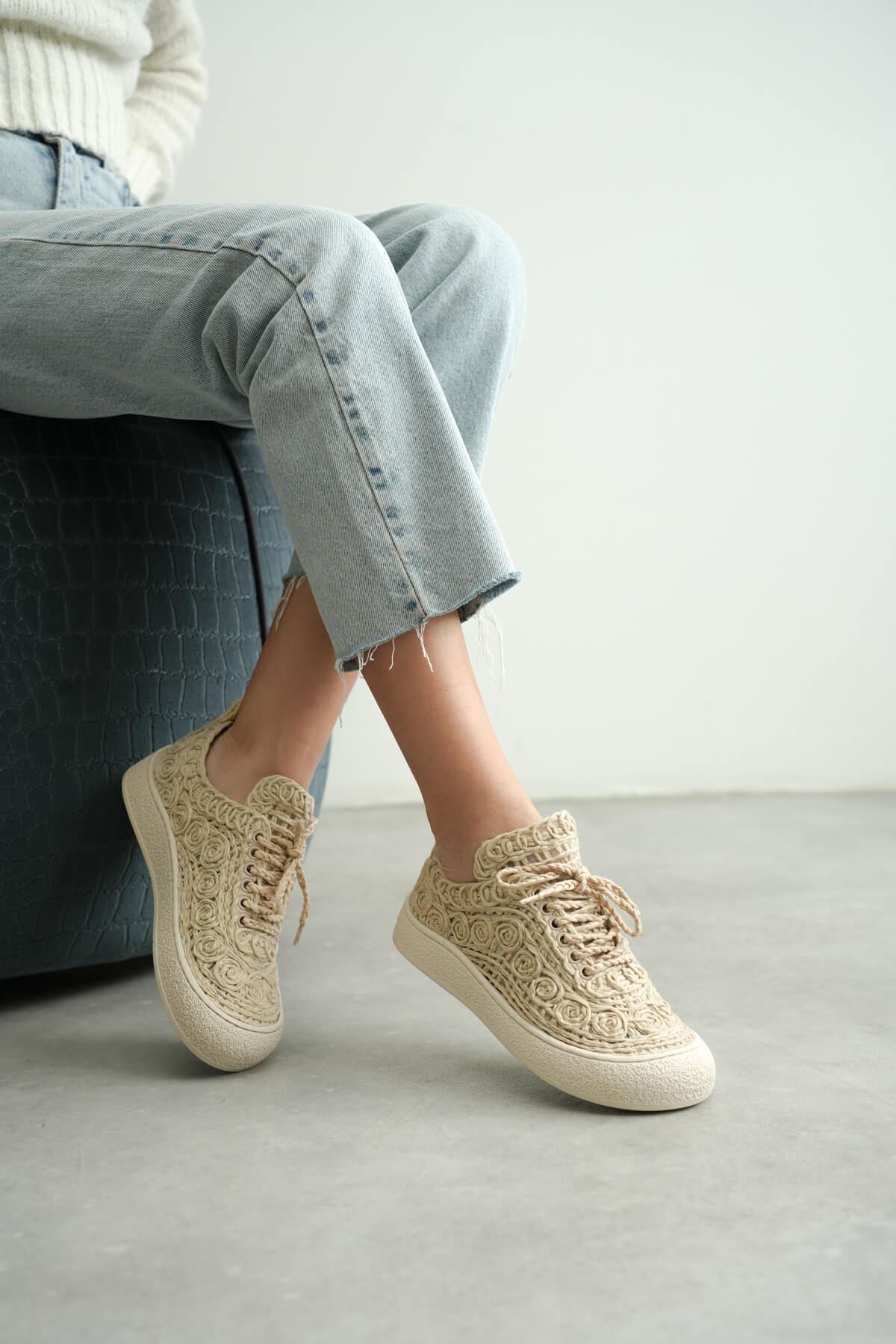 Kadın Bej Örgü Detaylı Günlük Sneaker Rahat ve Hafif Spor Ayakkabı EATR01MY01C