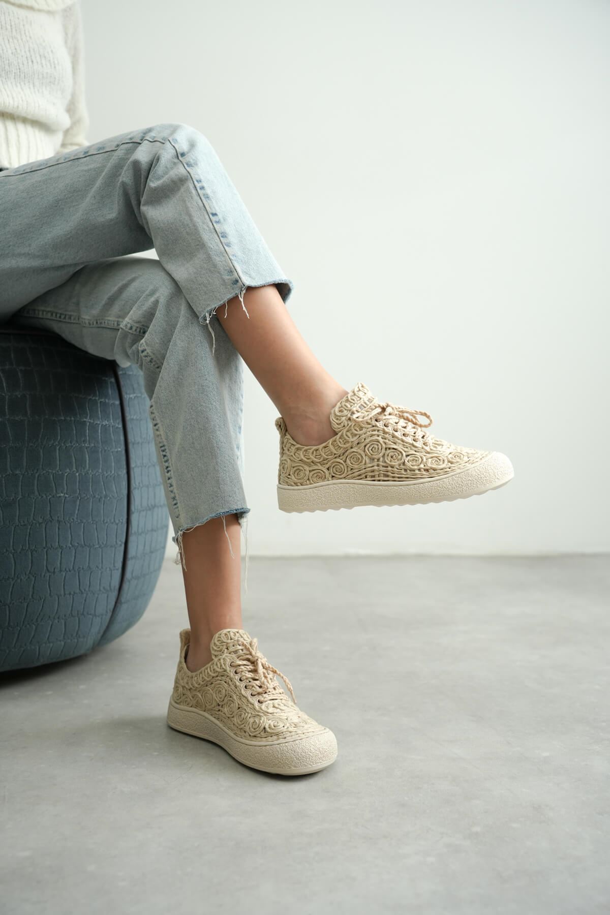 Kadın Bej Örgü Detaylı Günlük Sneaker Rahat ve Hafif Spor Ayakkabı EATR01MY01C