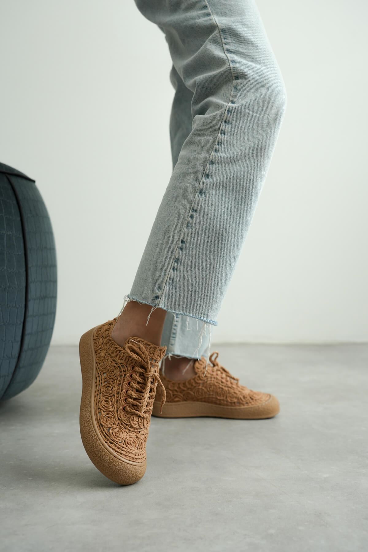 Kadın Taba Örgü Detaylı Günlük Sneaker Rahat ve Hafif Spor Ayakkabı EATR01MY01D