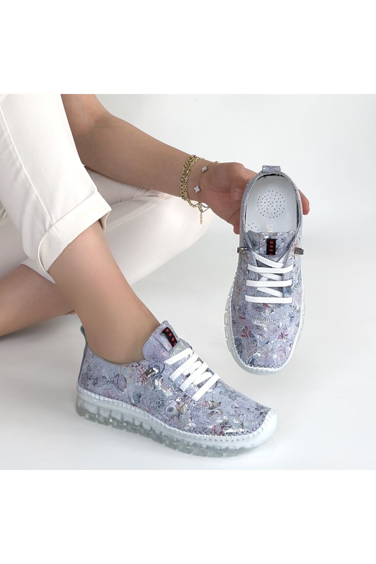 Kinte Lila Desenli Deri Bağcıklı Spor Ayakkabı