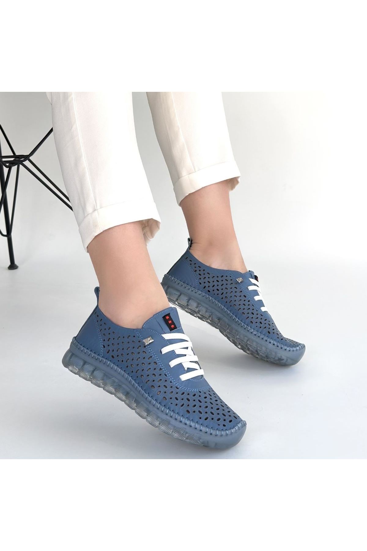 Otja Mavi Deri Lazerli Bağcıklı Spor Ayakkabı