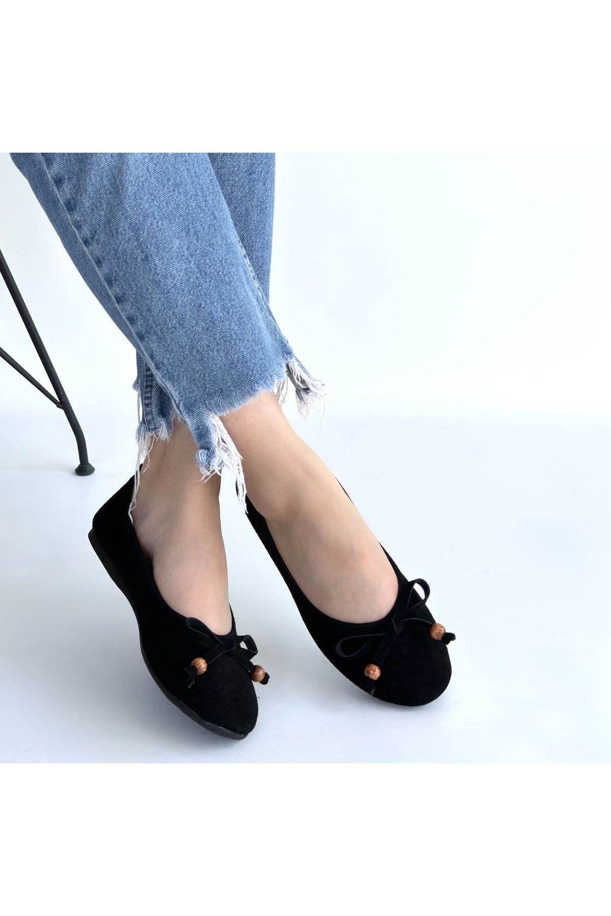 Cear Siyah Deri Tozu Süet Babet Ayakkabı