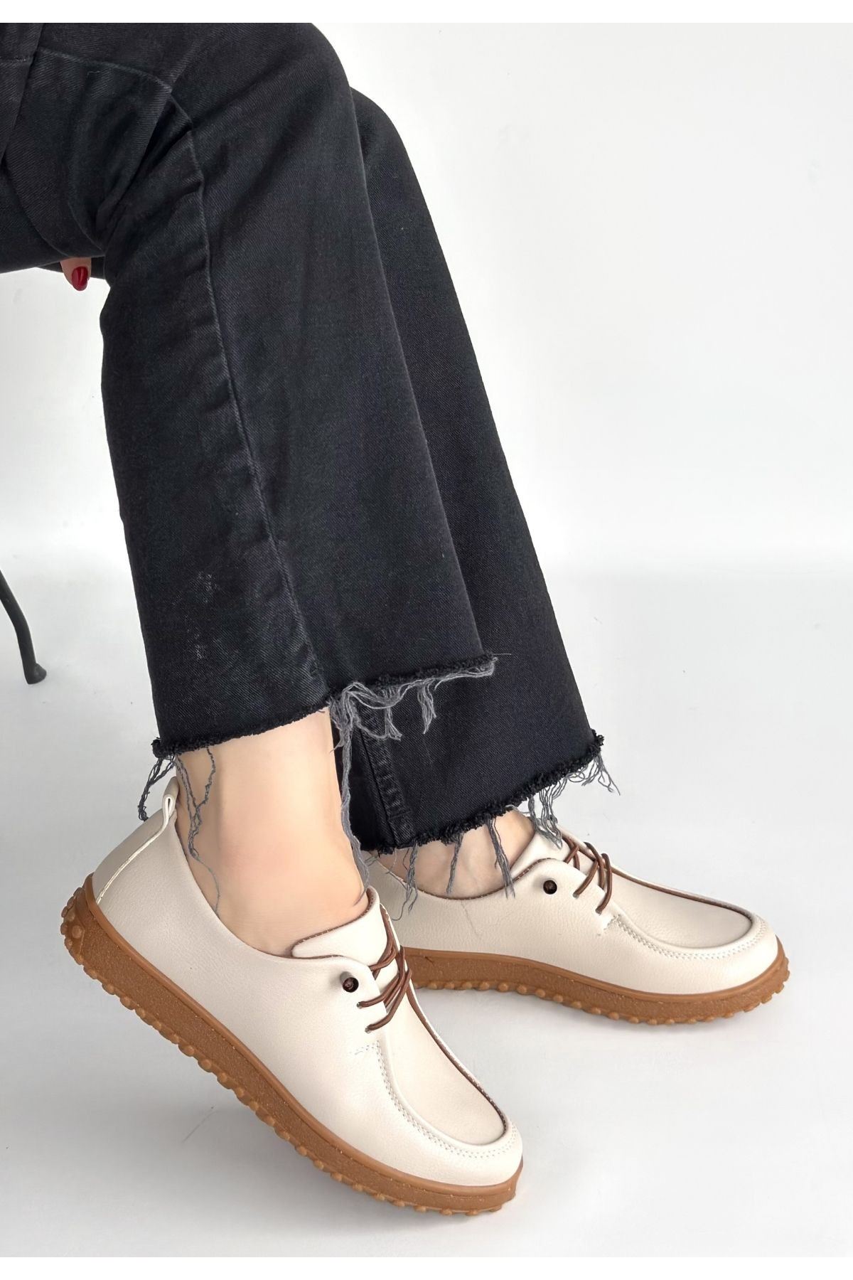 Guot Bej Cilt Bağcıklı Babet Ayakkabı