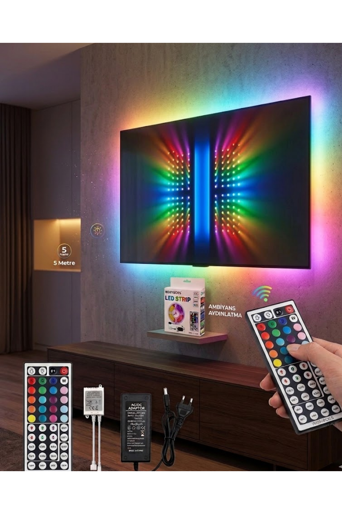 RGB LED Strip 5 Metre Kumandalı 5050 Şerit Led Dekorasyon Işığı