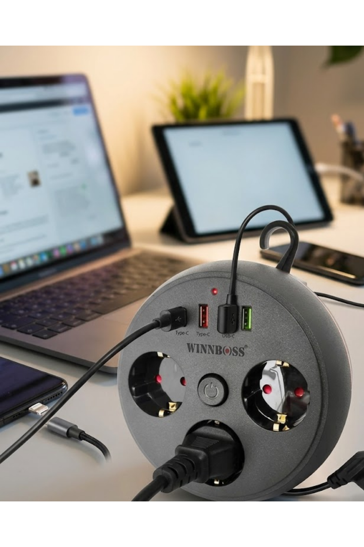 Çoklu Priz Akım Koruma 3 Soket 3 USB Type C Hızlı Şarj 2m Uzatma Kablosu