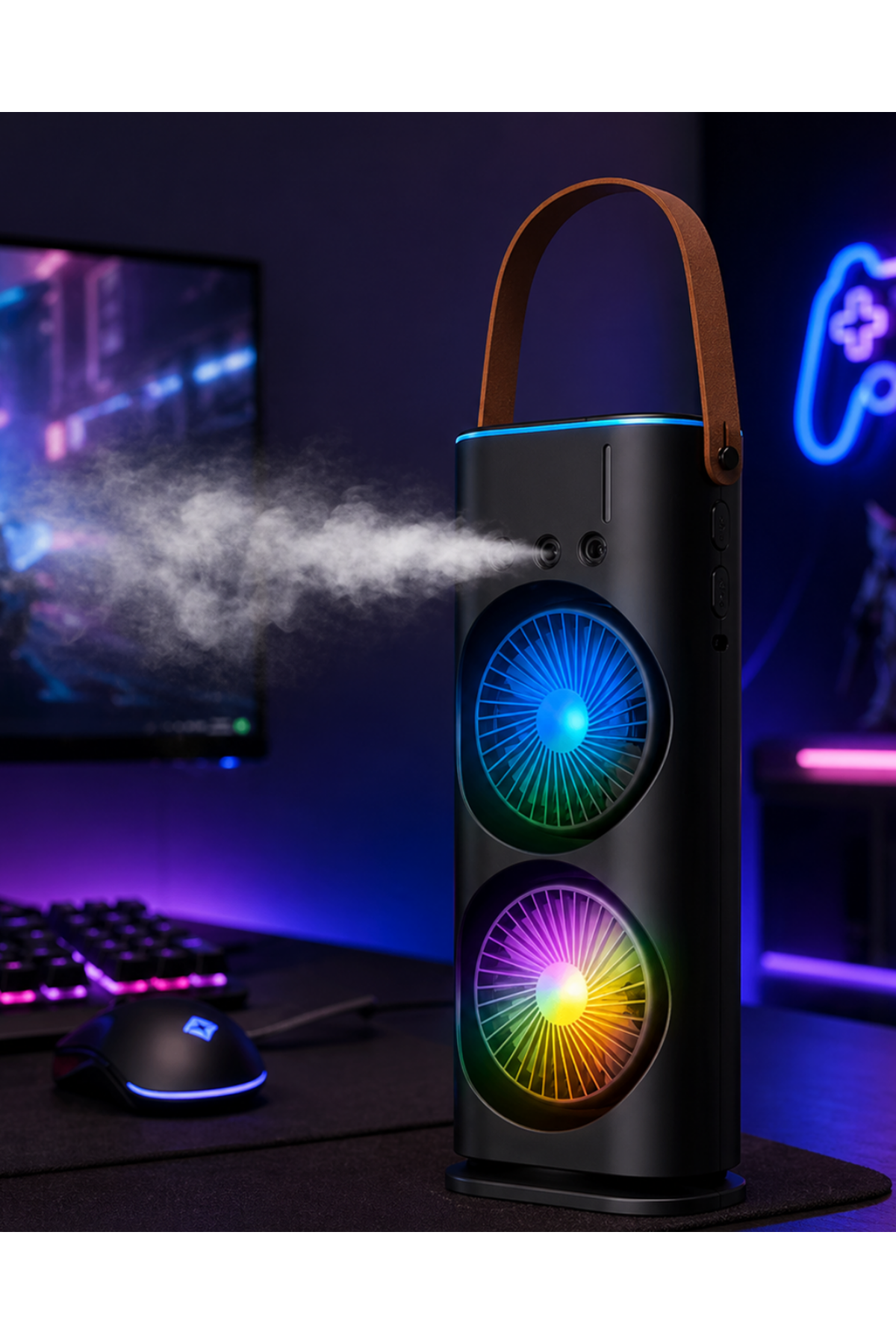 RGB Işıklı Spreyli Masa Fanı Çift Motorlu Güçlü Üflemeli Taşınabilir Fan