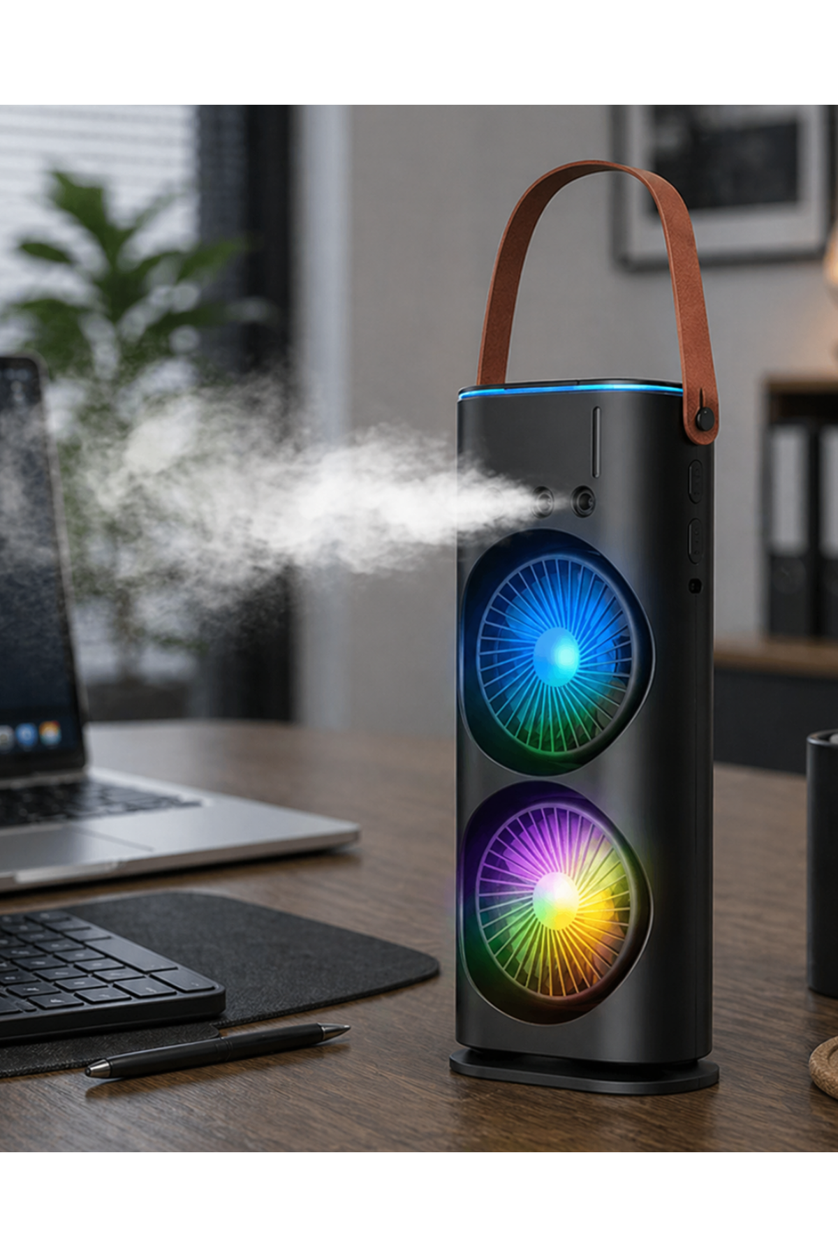 Çift Başlıklı Taşınabilir Fan RGB Işıklı Sprey Nemlendiricili Masaüstü Serinletici Fan