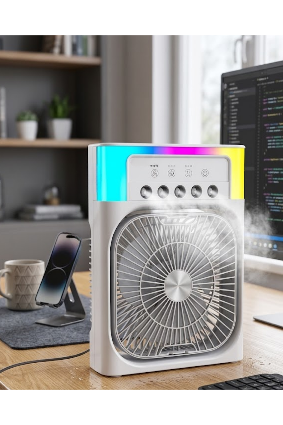 Su Püskürtmeli Mini Klima Fan USB Şarjlı Masaüstü Soğutucu RGB Işıklı