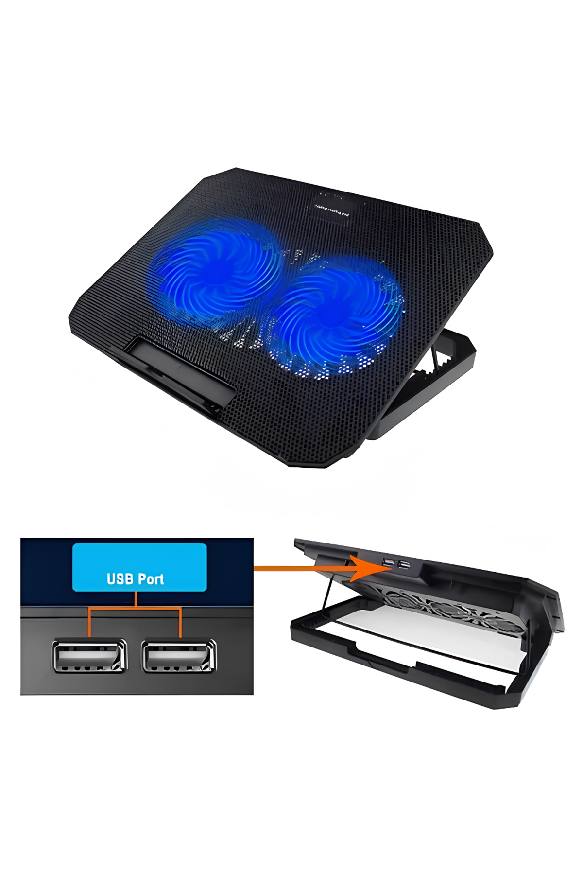 USB Girişli Laptop Soğutma Standı Çift Fan Mavi Işıklı Notebook Soğutucu