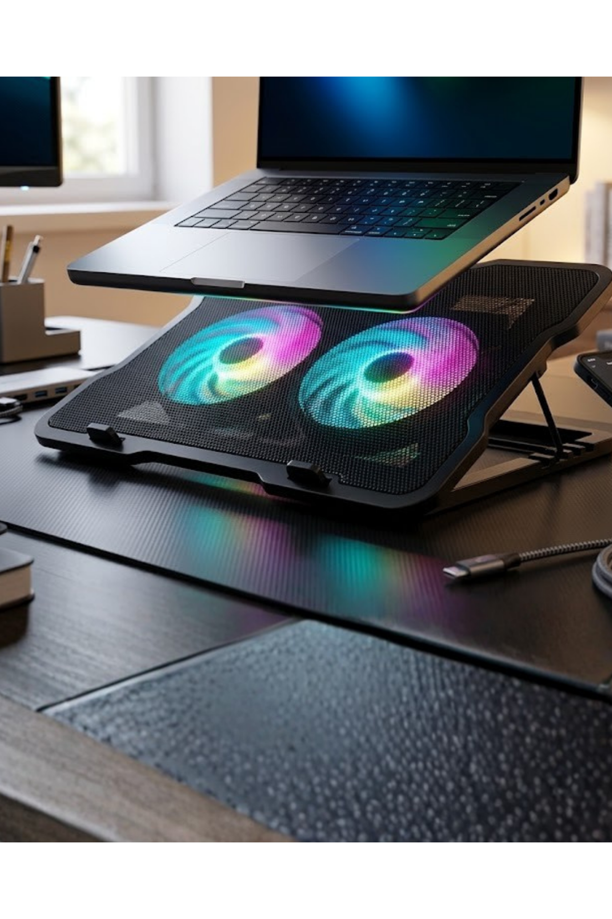 Ayarlanabilir Laptop Soğutucu Çift Fan RGB Işıklı Sessiz Çalışan