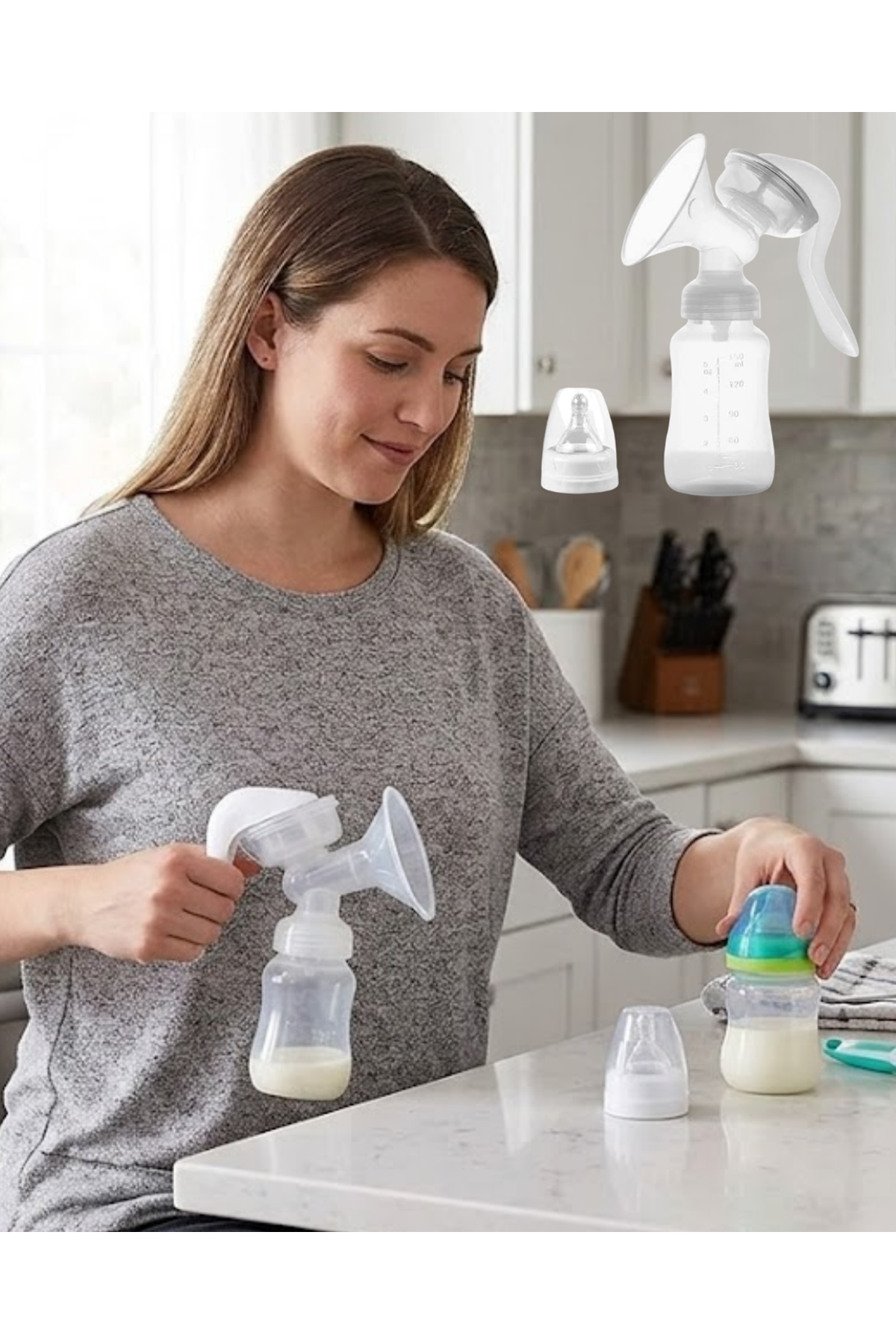 BPA İçermez Manuel Anne Sütü Pompası Biberon Başlıklı Ergonomik