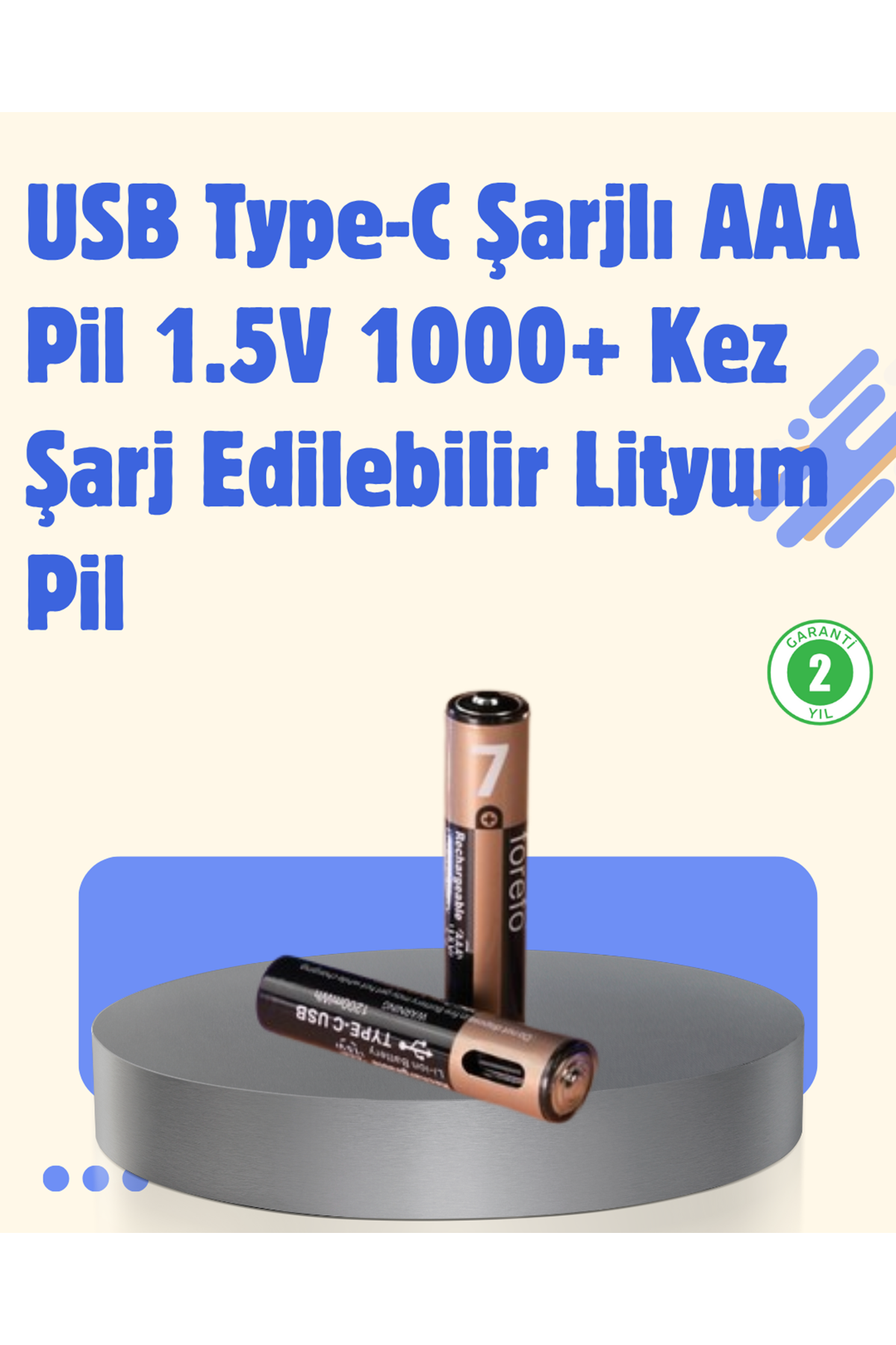 USB Type-C Şarjlı AAA Lityum Pil 1000+ Şarj Döngüsü ile Uzun Ömür