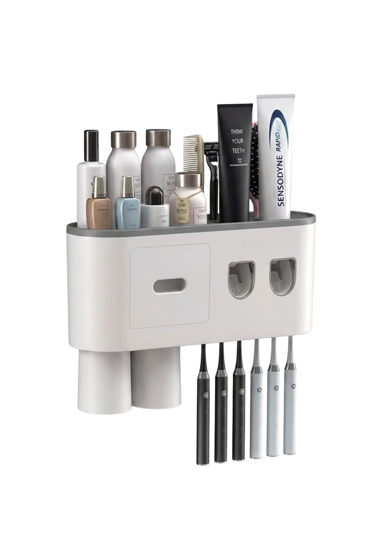 Banyo Organizer Diş Fırçası Tutucu Çift Dispenserli Raflı Çekmeceli
