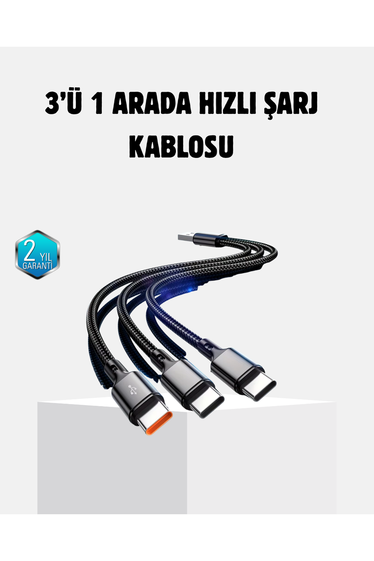 3 Başlıklı Hızlı Şarj Kablosu Metal Alaşımlı Dayanıklı ve Akıllı Çipli