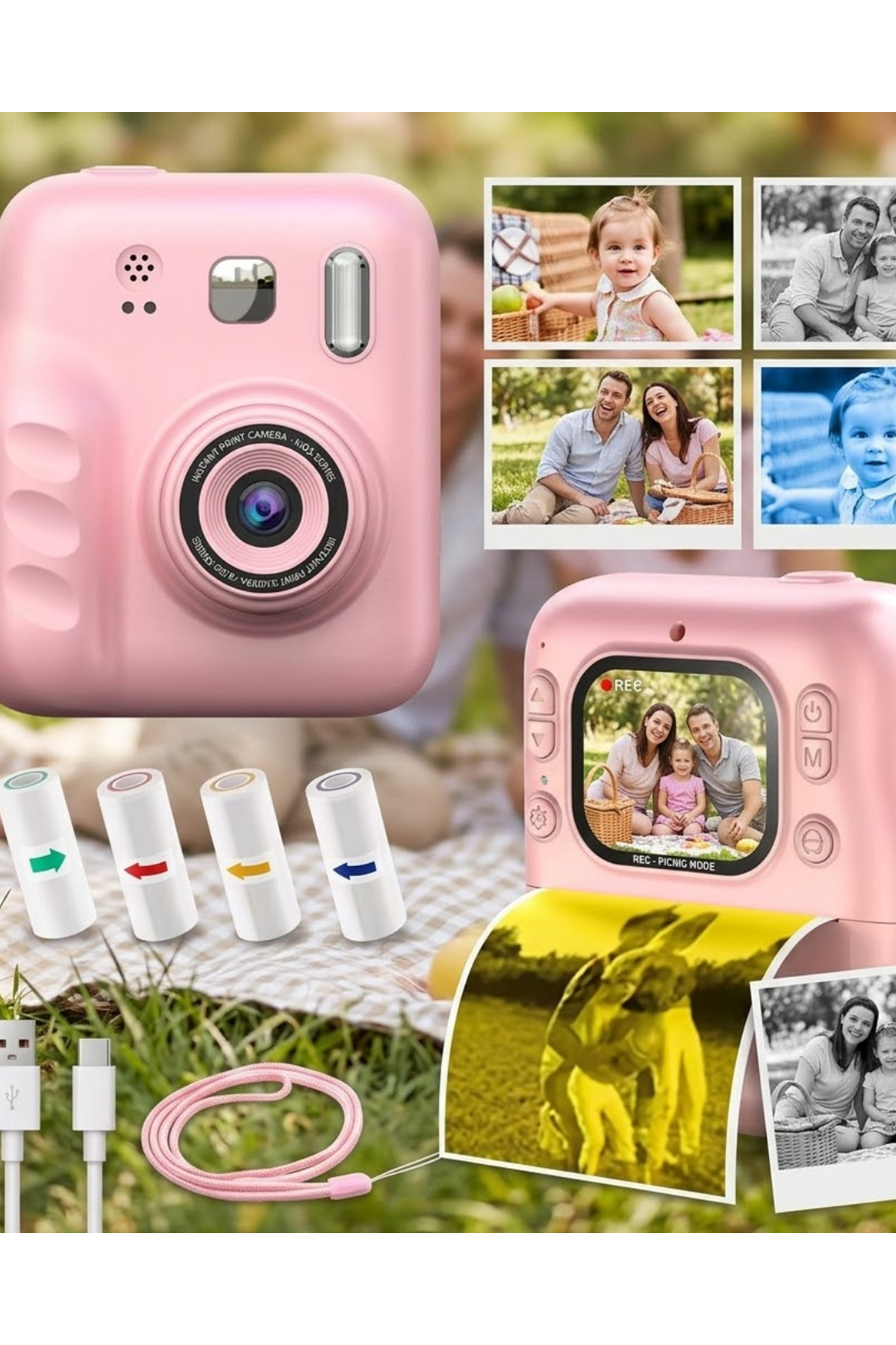 Çocuk Dijital Fotoğraf Makinesi Anında Baskı ve HD Video Kayıt Özellikli 5 kalem ve 4 rulo kağıt hediye