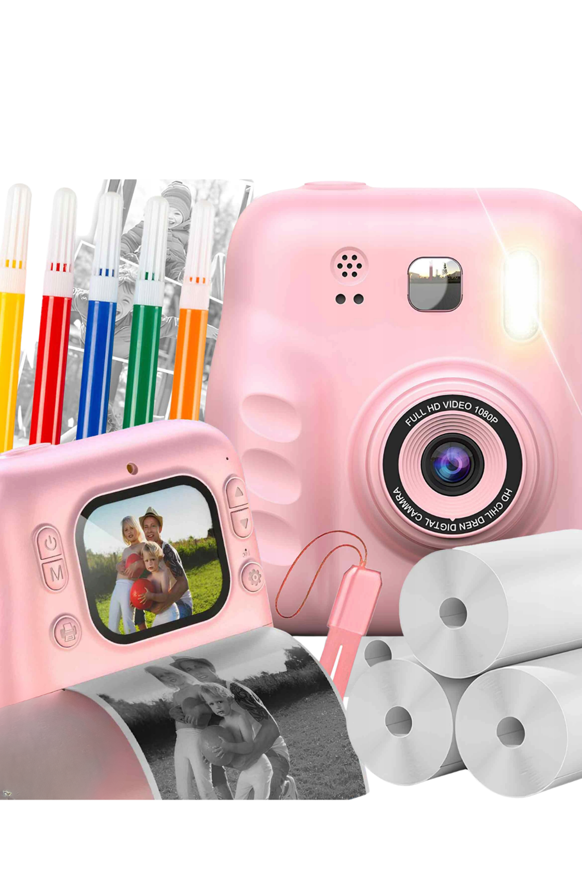 HD Ekranlı Çocuk Fotoğraf Makinesi Video Kayıt ve Baskı Kağıdı Kalem Hediyeli