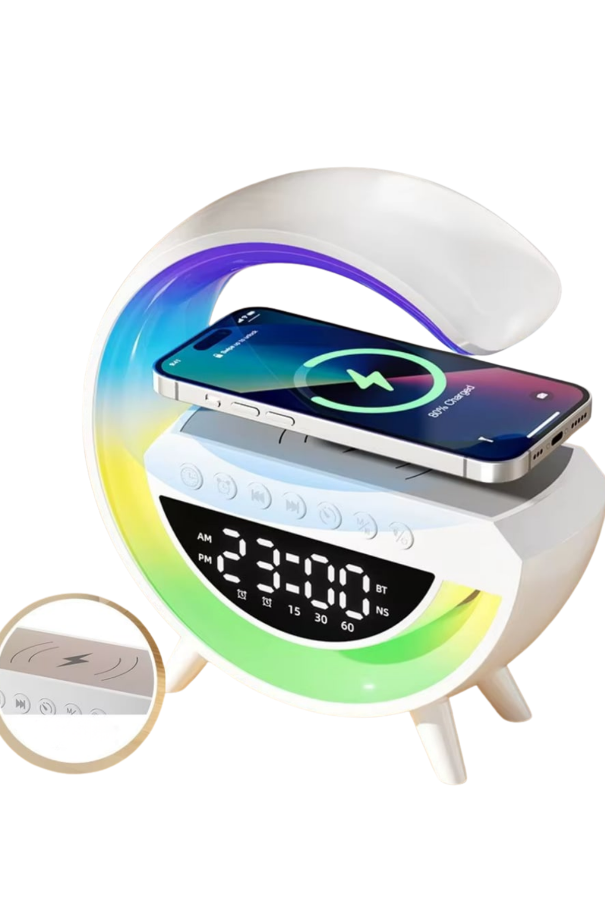 Çok Fonksiyonlu Kablosuz Şarjlı Saat Hoparlör RGB Işık ve Alarm Özellikli
