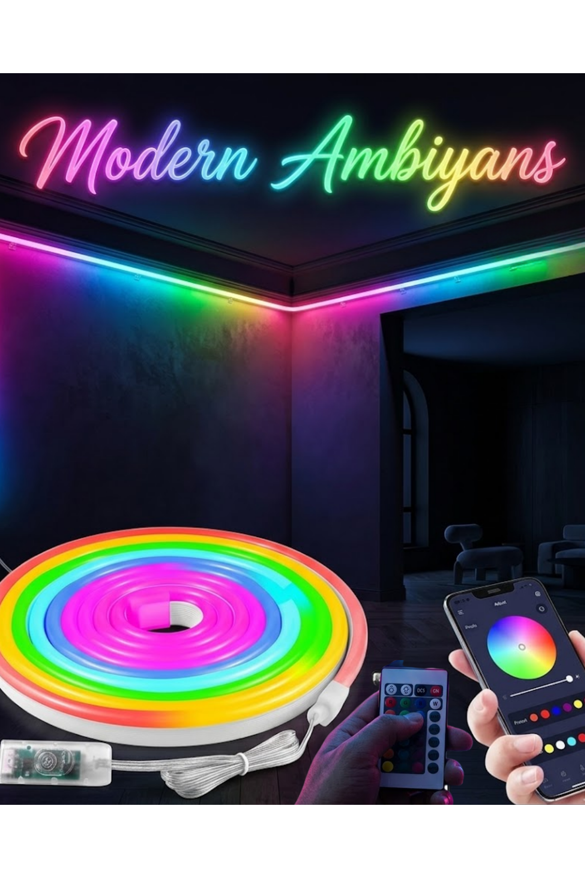 Dekoratif RGB LED Şerit Neon Işık 3 Metre Su Geçirmez Uzaktan Kumandalı Ortam Aydınlatması