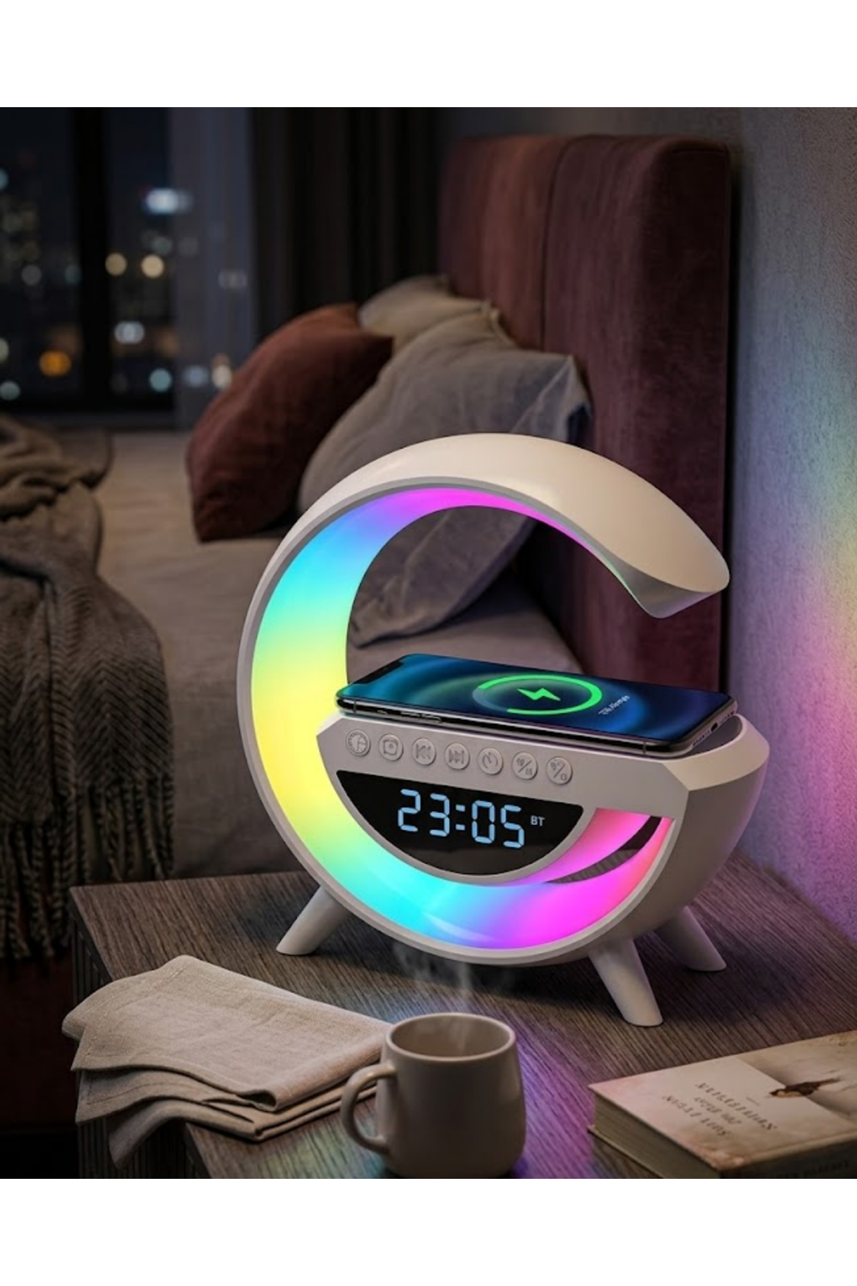 RGB Işıklı Kablosuz Şarjlı Bluetooth Hoparlör Saat ve Alarm Özellikli