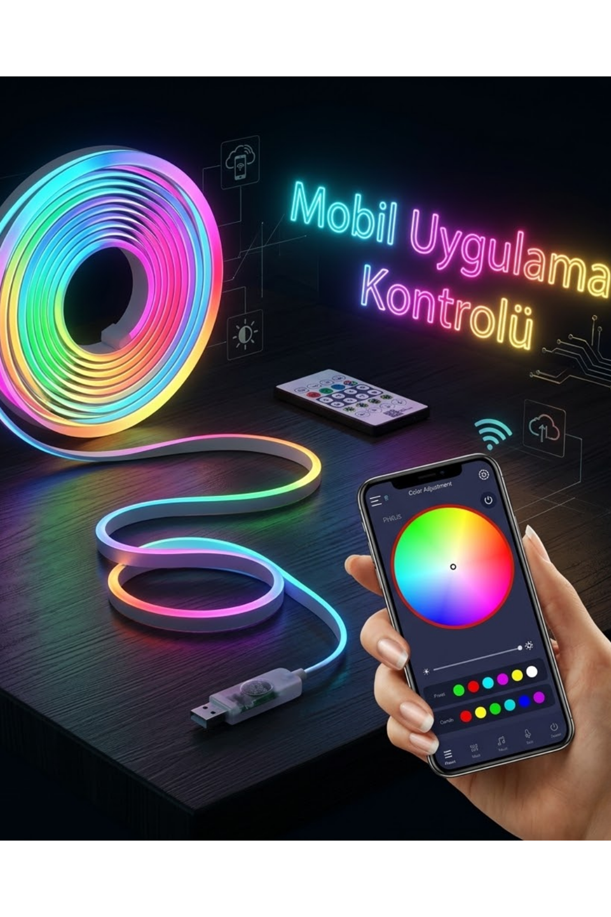 Akıllı RGB LED Neon Şerit Işık 3M USB Bağlantılı Uzaktan Kumanda ve Mobil Uygulama Kontrolü