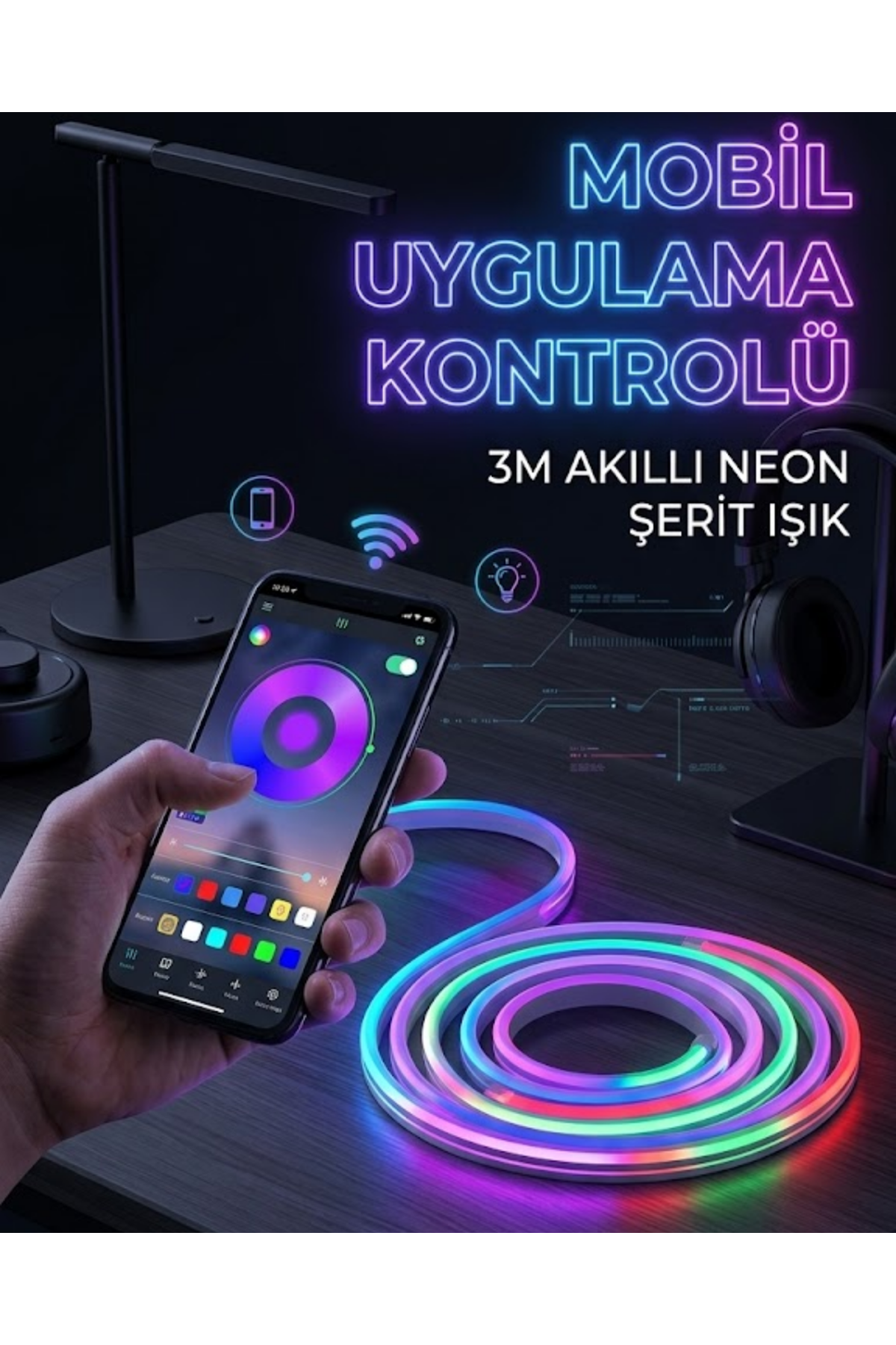 3 Metre RGB Neon LED Şerit Işık Su Geçirmez Kumandalı ve Uygulama Kontrollü Dekoratif Aydınlatma