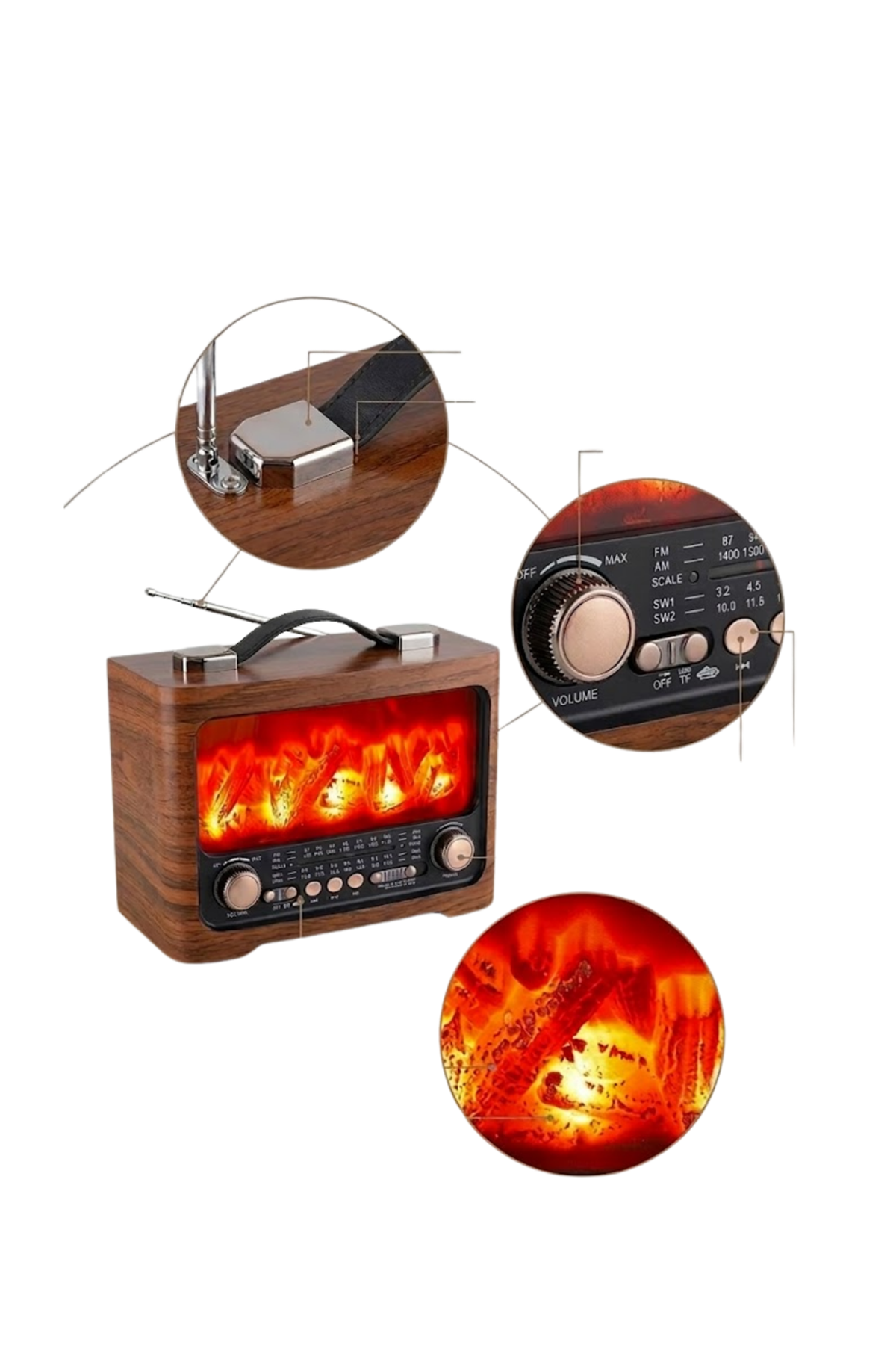Retro Şömine Tasarımlı Bluetooth Hoparlör FM Radyo USB TF Kart Müzik Çalar