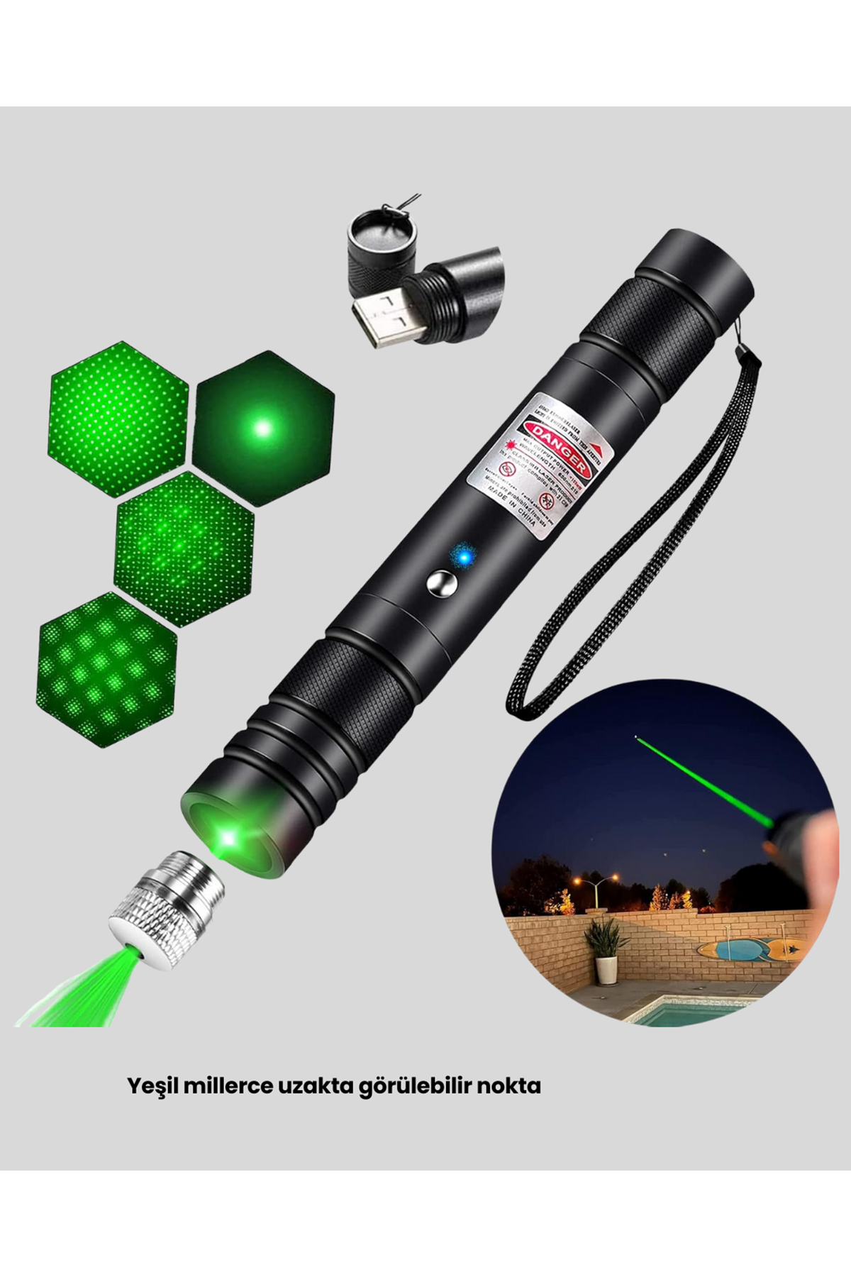 Yüksek Güçlü Yeşil Lazer Pointer 5000mW Şarjlı