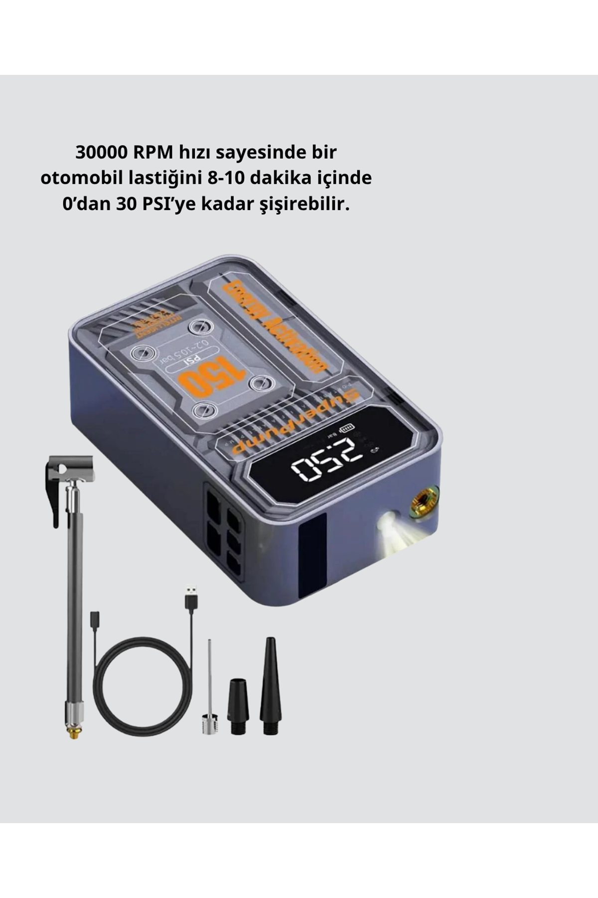 Taşınabilir Kablosuz Hava Pompası – 150 PSI Güçlü Basınç ve 6000mAh Şarjlı