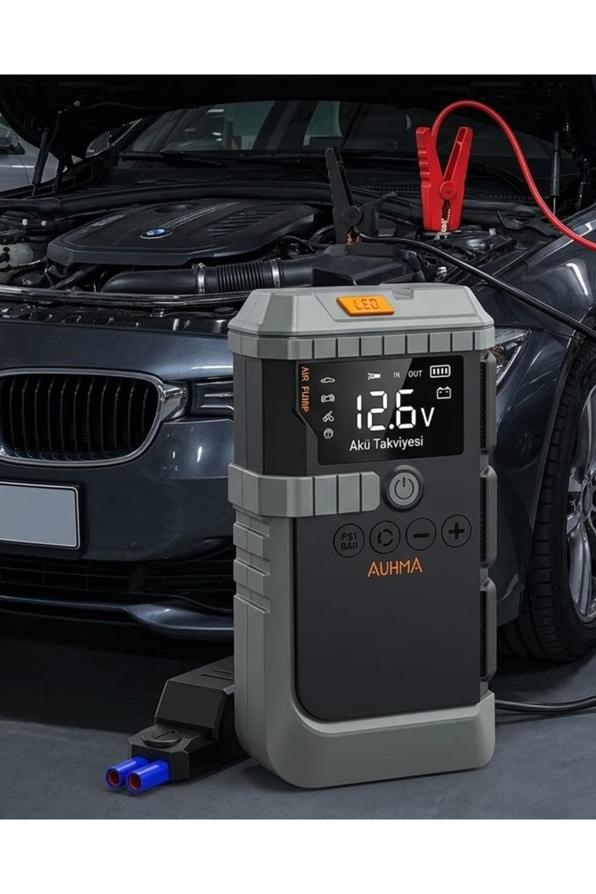 Taşınabilir Araç Çalıştırma Jump Starter Hava Pompası Dijital Basınç Göstergeli Güç Bankası