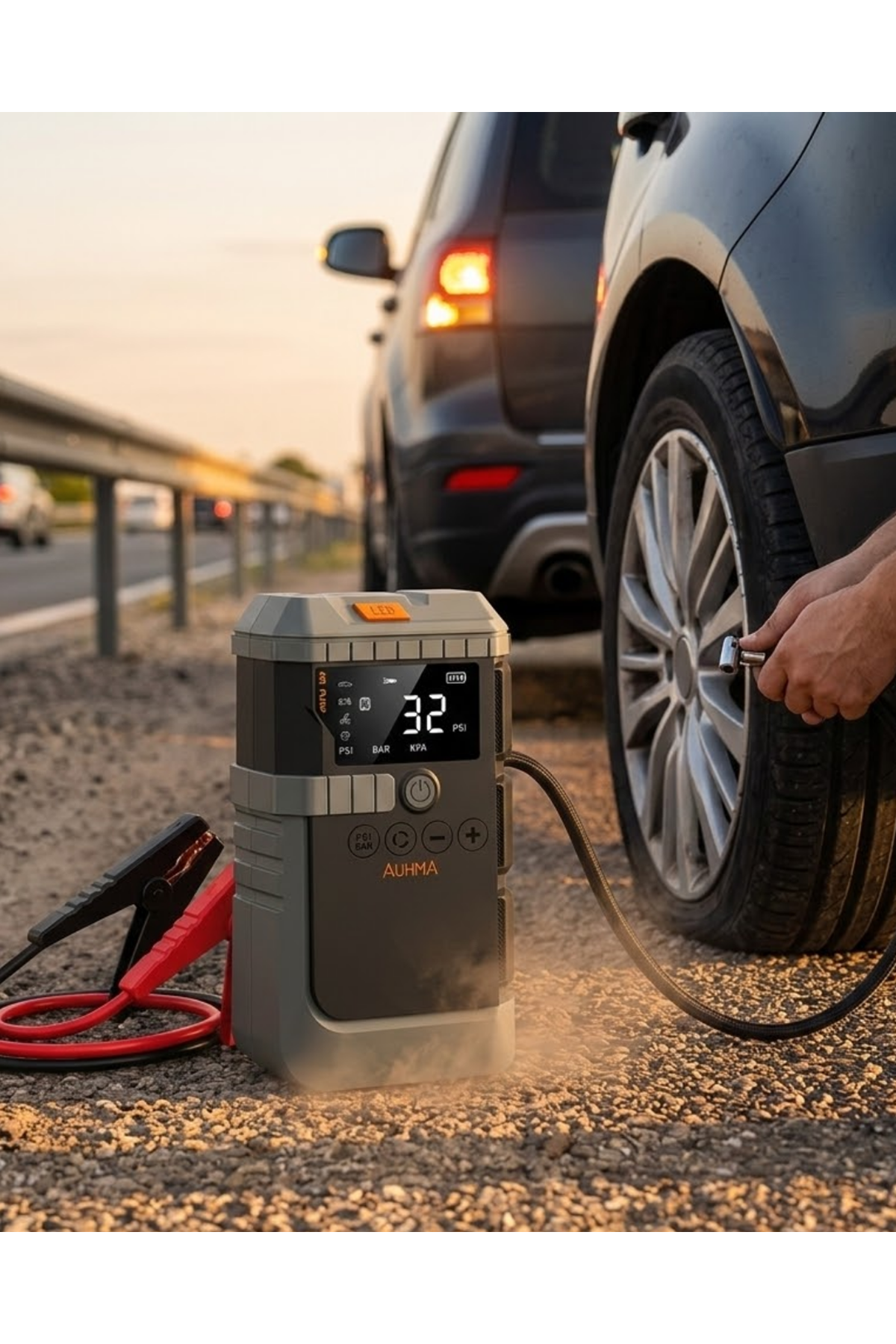 Araç Akü Takviye Powerbank Lastik Şişirme Kompresörü LED Işıklı Çok Fonksiyonlu Acil Durum Cihazı