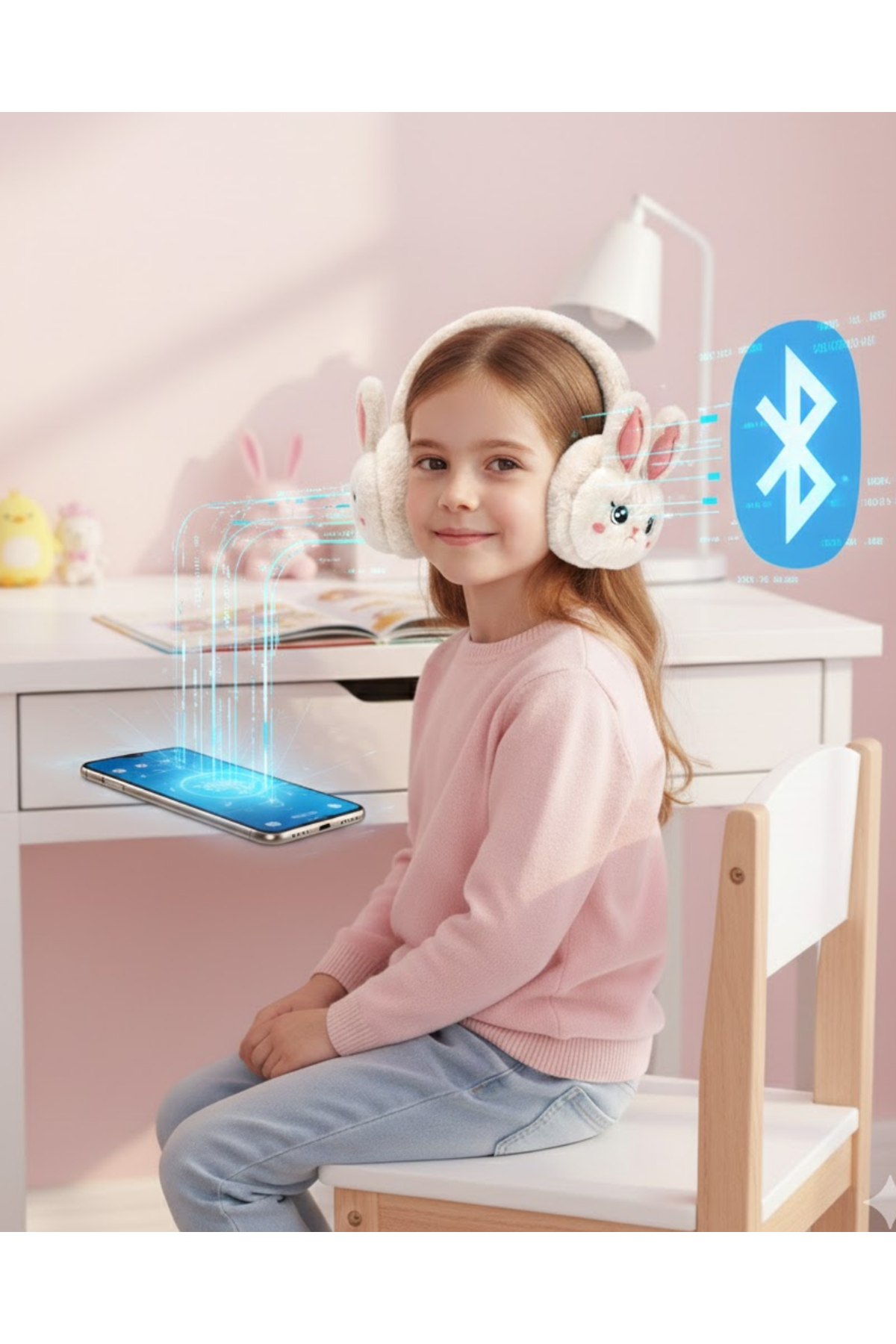 Peluş Tavşan Kulaklı Bluetooth Kulaklık Kablosuz Müzik ve TF Kart Destekli