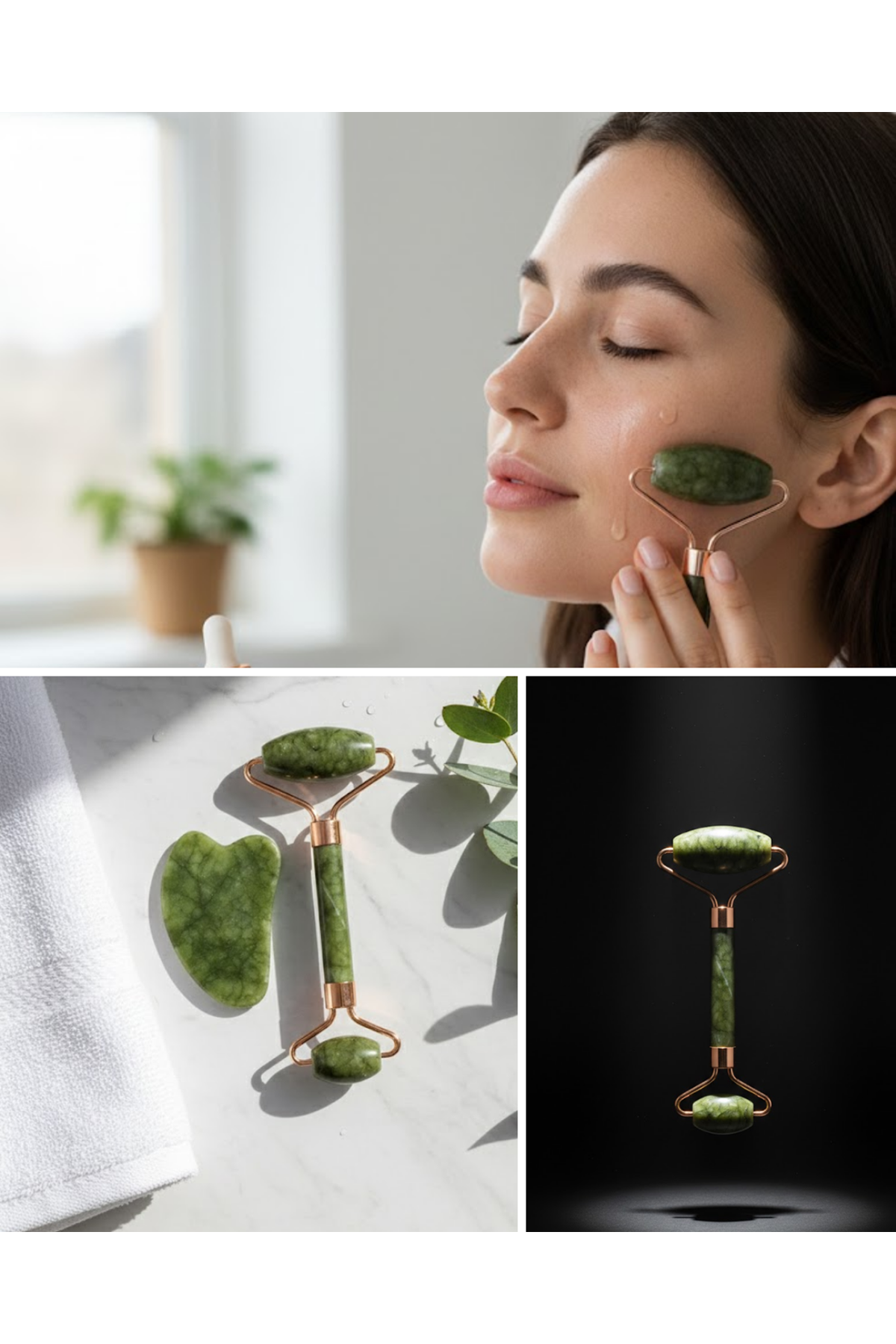 Doğal Yeşim Roller ve Gua Sha Yüz Şekillendirme Seti