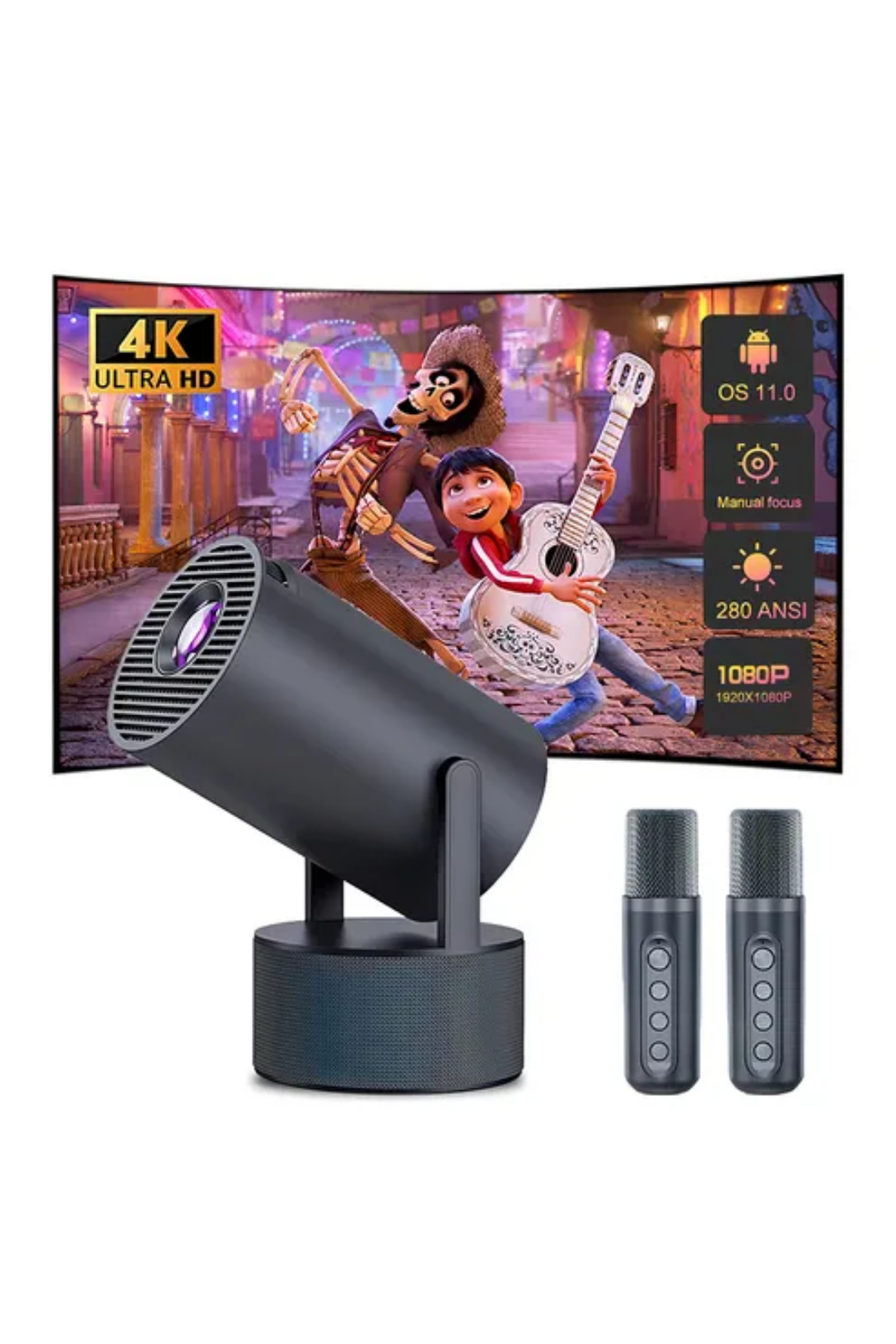 Akıllı Projeksiyon Cihazı Karaoke Mikrofonlu 1080P Android