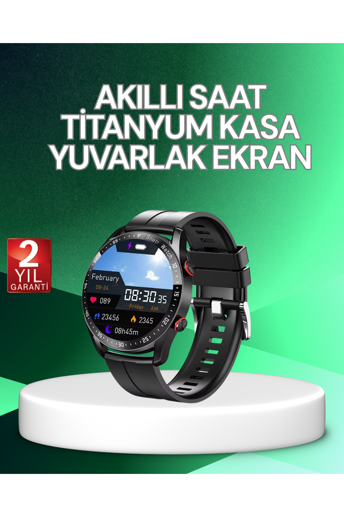 Akıllı Saat Titanyum Kasa Yuvarlak Ekran Alarm Uyku ve Sağlık Takibi Titreşimli