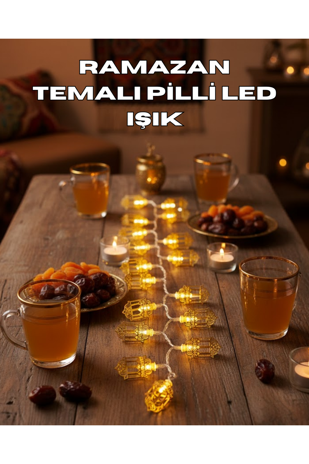 Ramazan Işıkları Pilli Altın Fener Tasarımlı Dekoratif LED Aydınlatma
