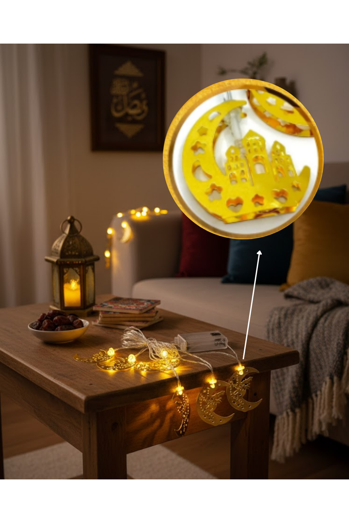 Pilli Minareli Hilal LED Işık Gold Metal Ramazan Dekorasyonu