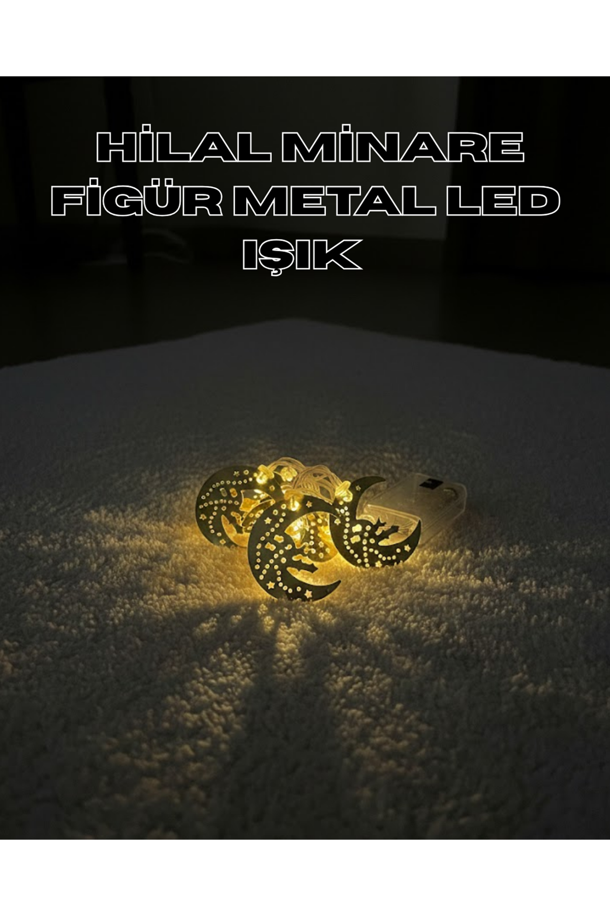 Gold Renk Metal Minareli Hilal LED Işık Pilli Ramazan Süsü