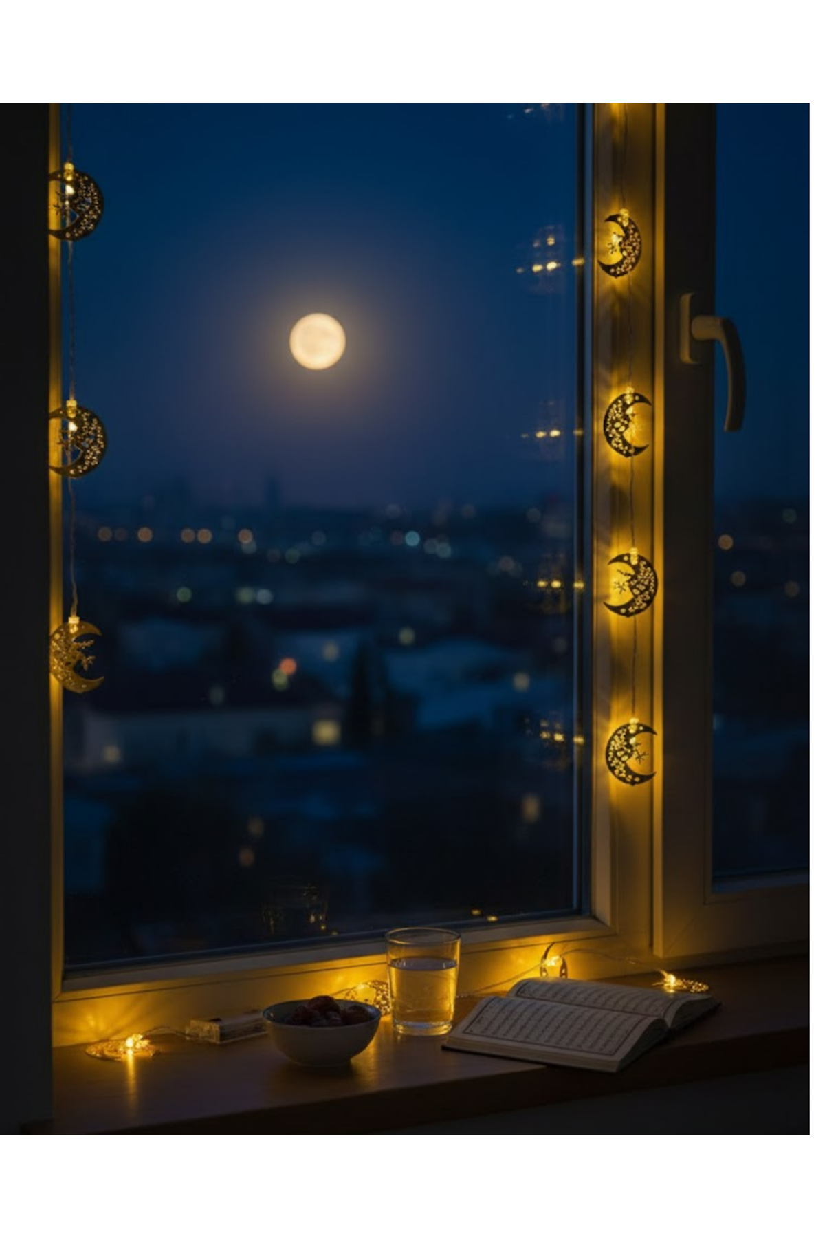 Gold Renk Metal Minareli Hilal LED Işık Pilli Ramazan Süsü