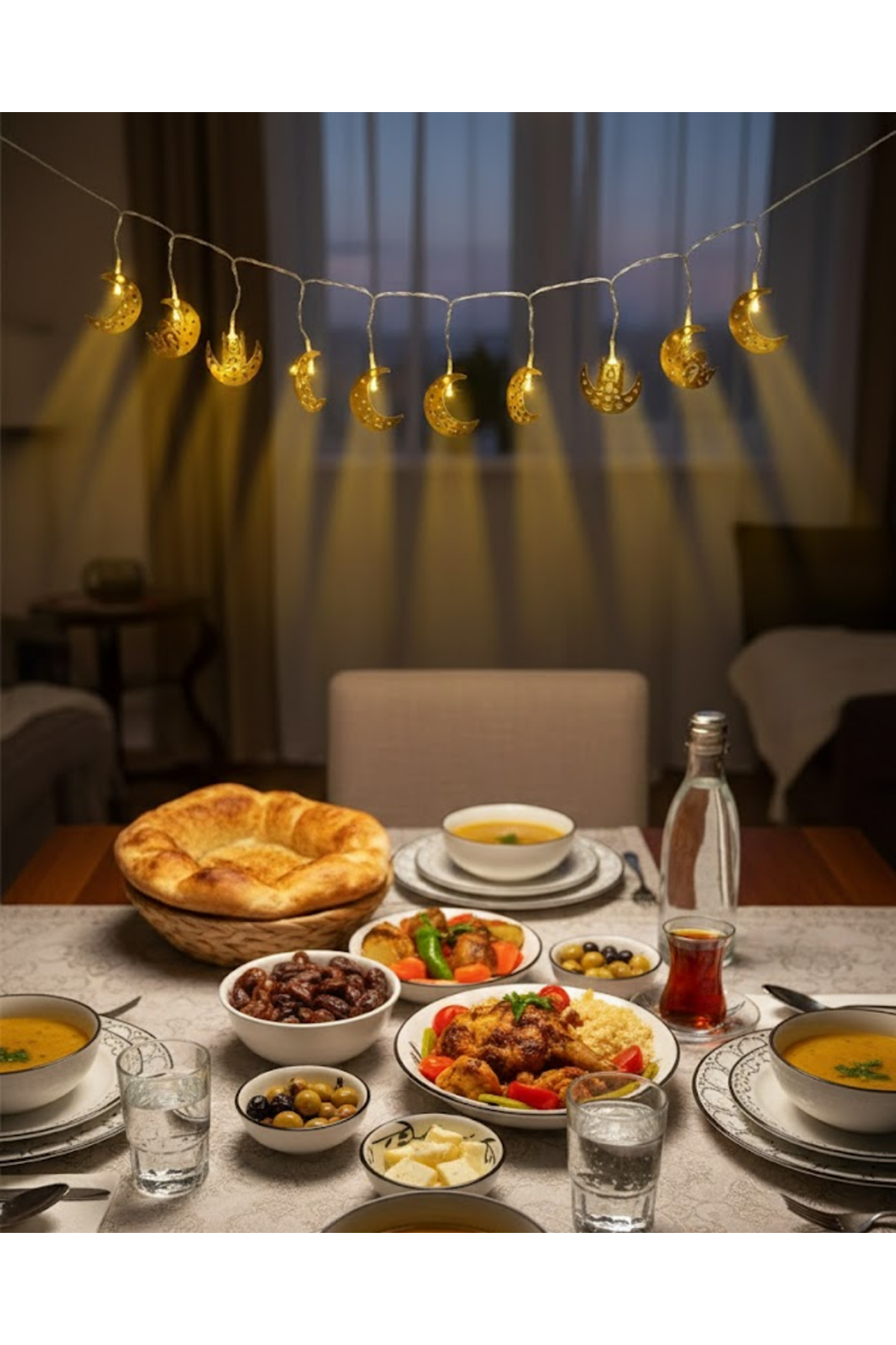 Ramazan Minare Detaylı Hilal LED Işık Günışığı Sarı Metal Süs