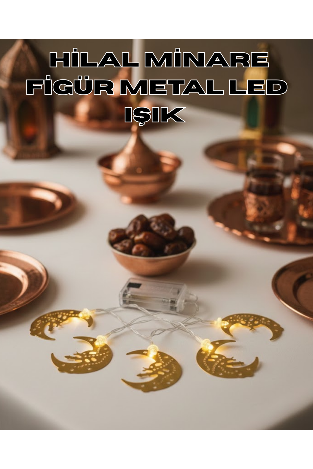 Minareli Hilal LED Işık Gold Metal Gövdeli Pilli Ramazan Dekoru