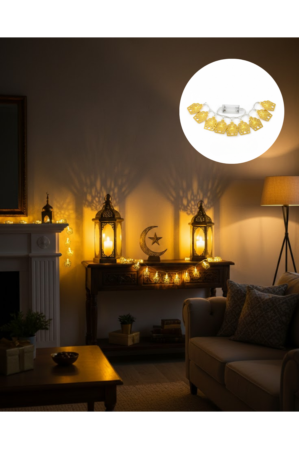 Ev Dekoru İçin Ramazan LED Işık Pilli Sıcak Sarı Cami Figürlü