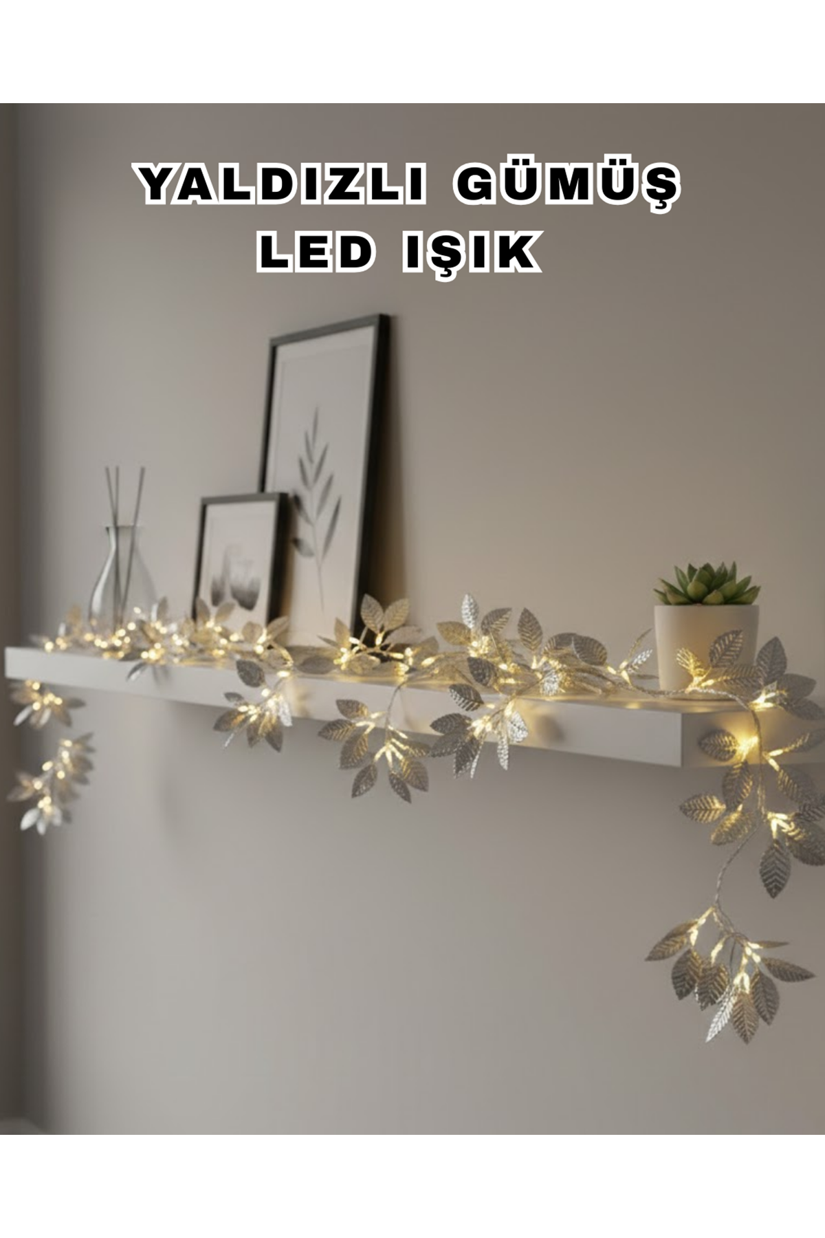 Yaldızlı Gümüş Yaprak LED Işık Pilli Dekoratif Ortam ve Yılbaşı Aydınlatması